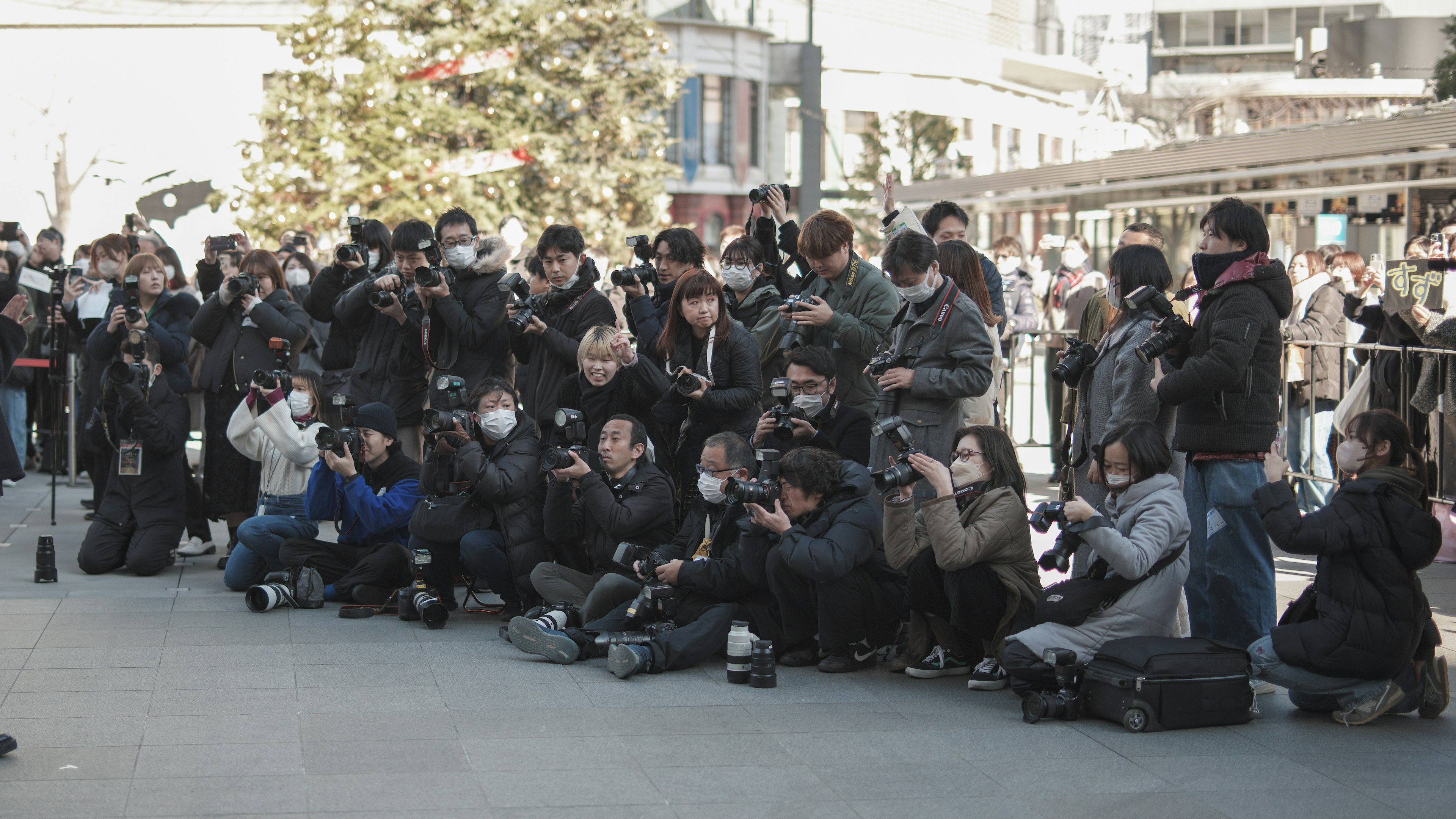 A lively scene with many photographers gathered