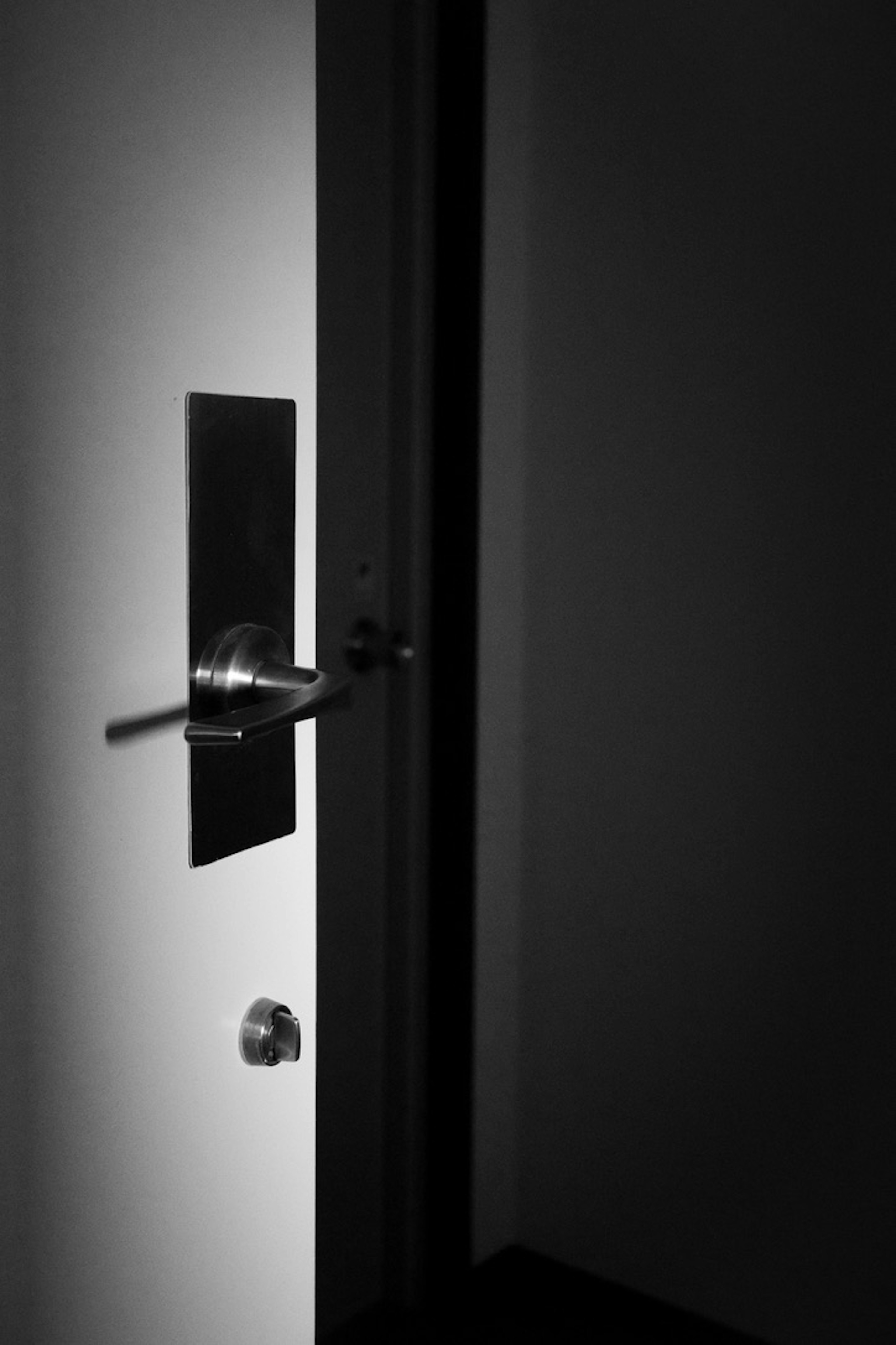 Door with a metallic handle against a dark background