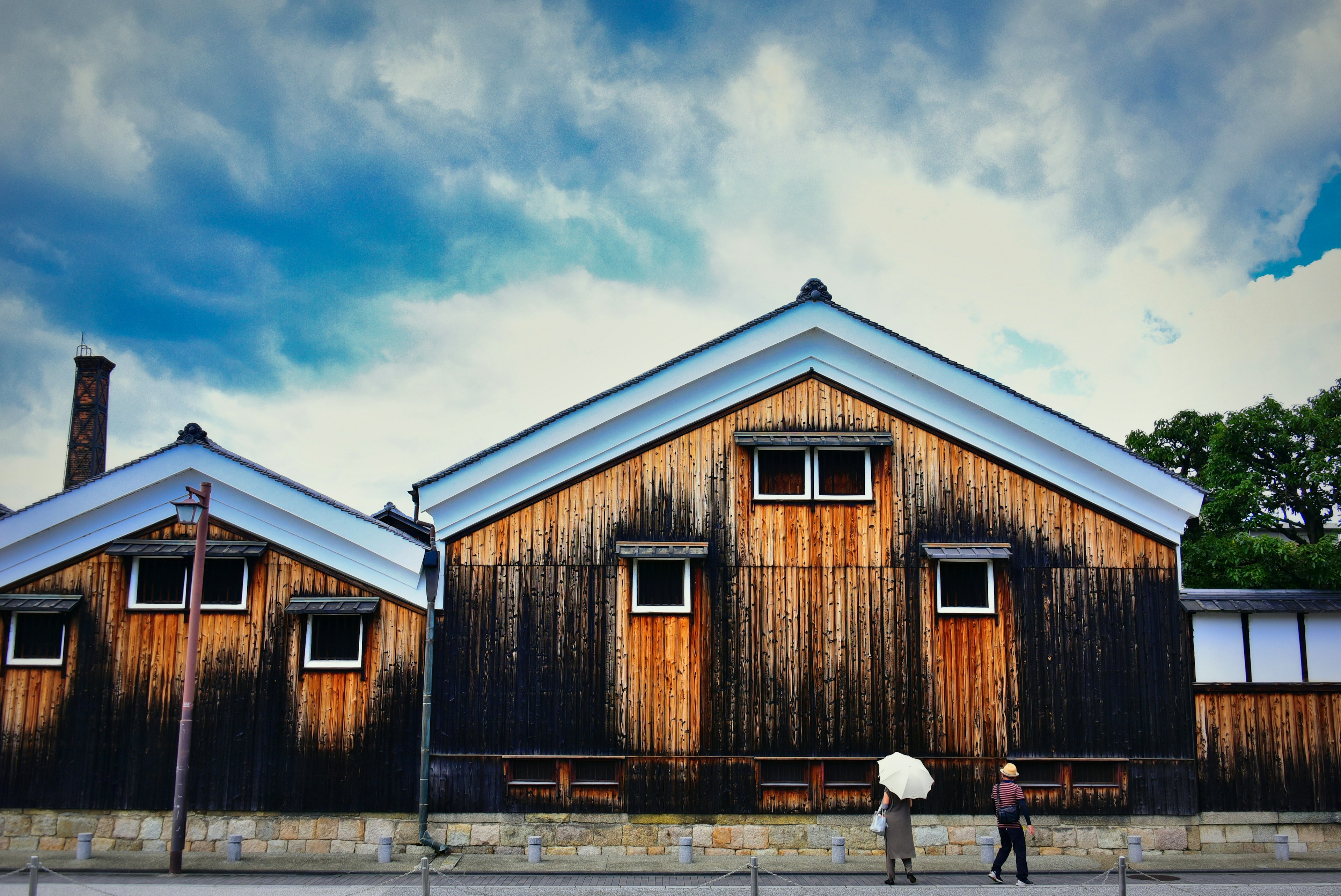 Wooden houses with a blue sky backdrop