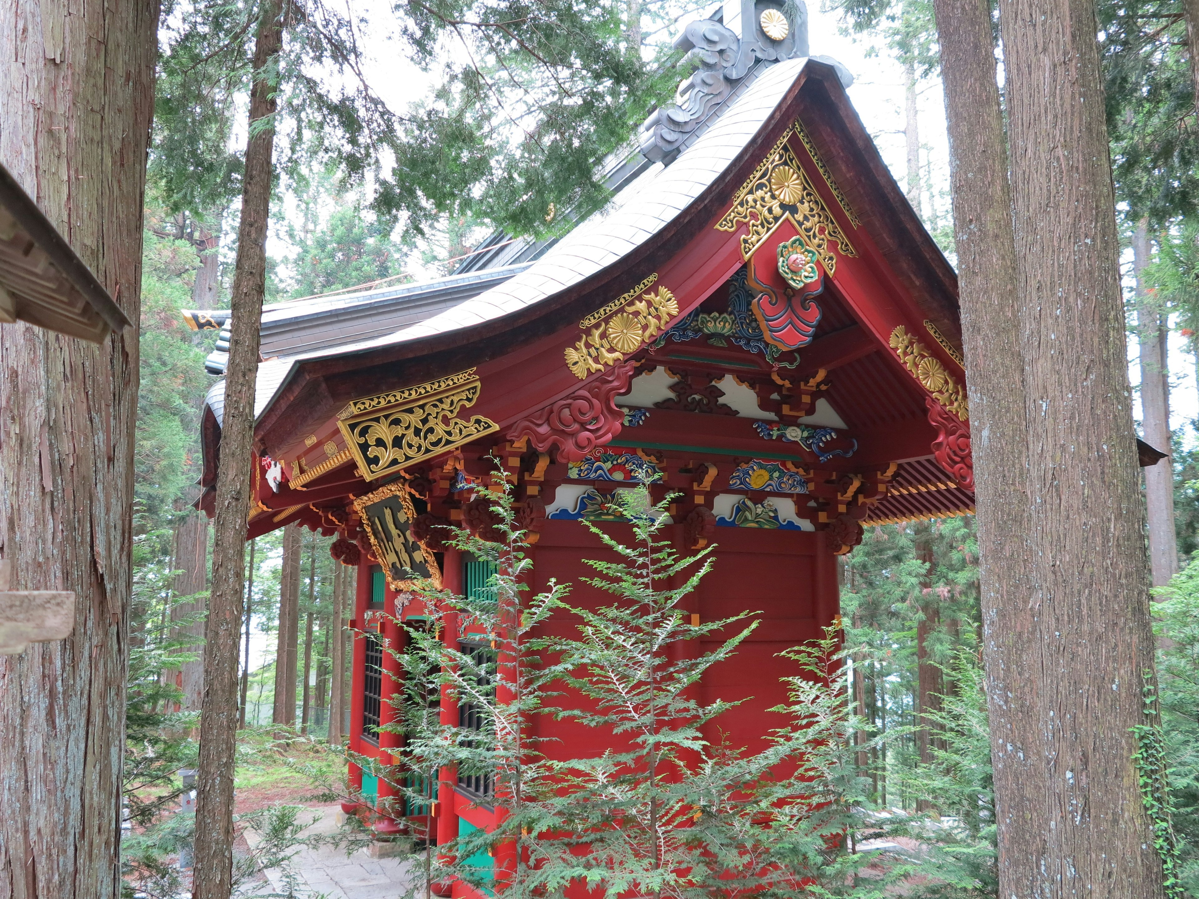 赤い神社と緑の木々が囲む風景