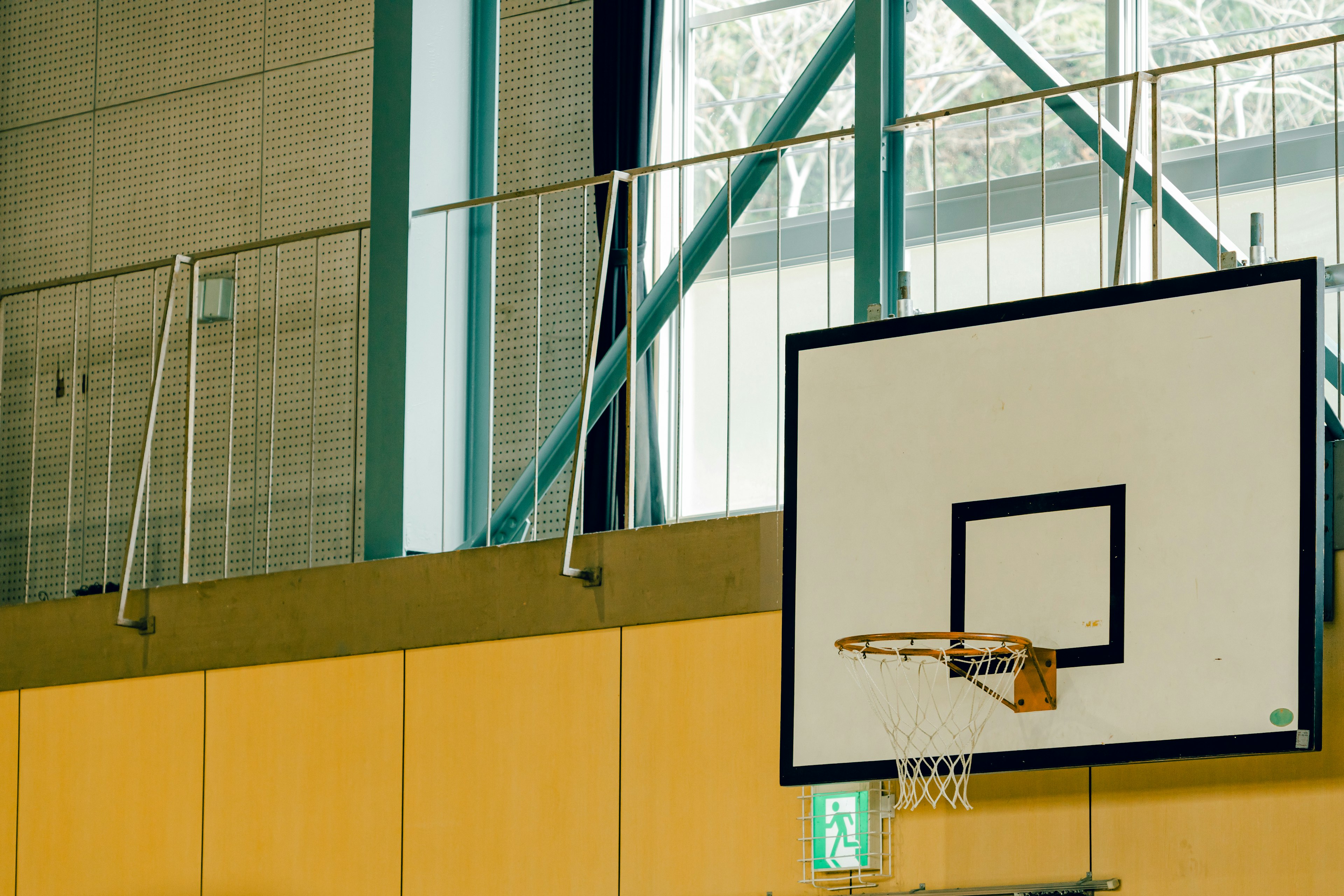 Basketball hoop and gymnasium interior