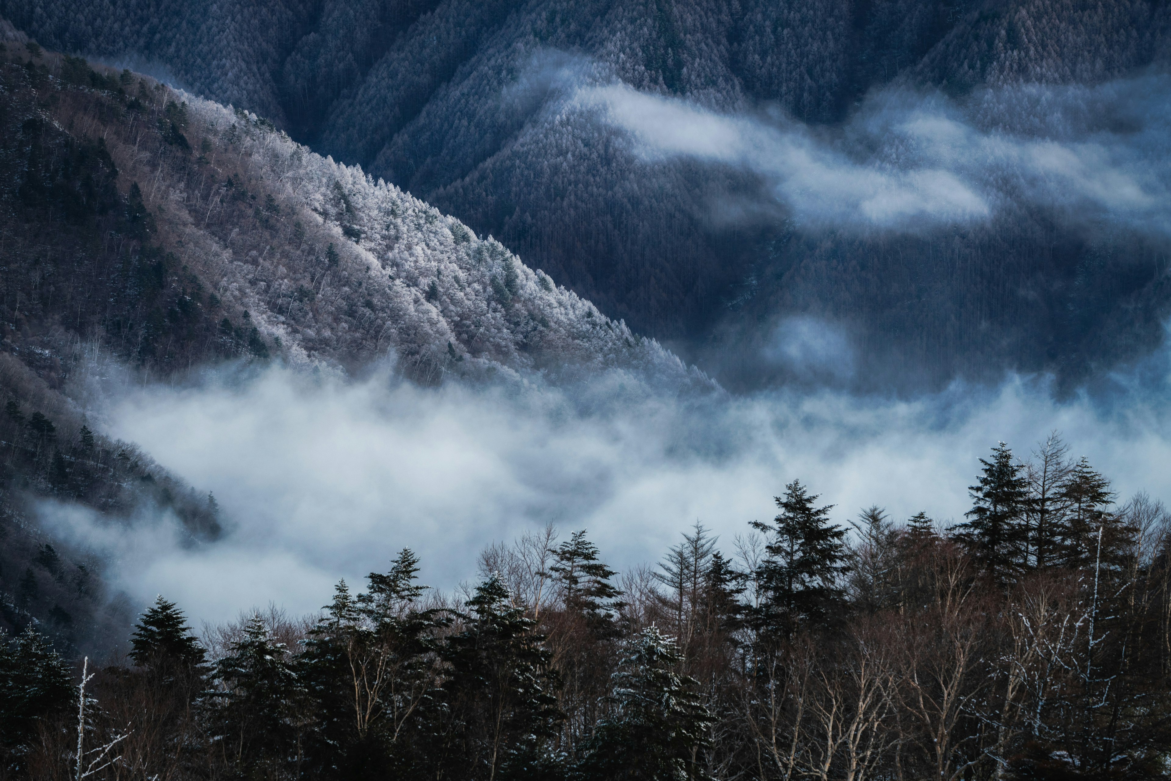 Montañas cubiertas de nieve con nubes brumosas