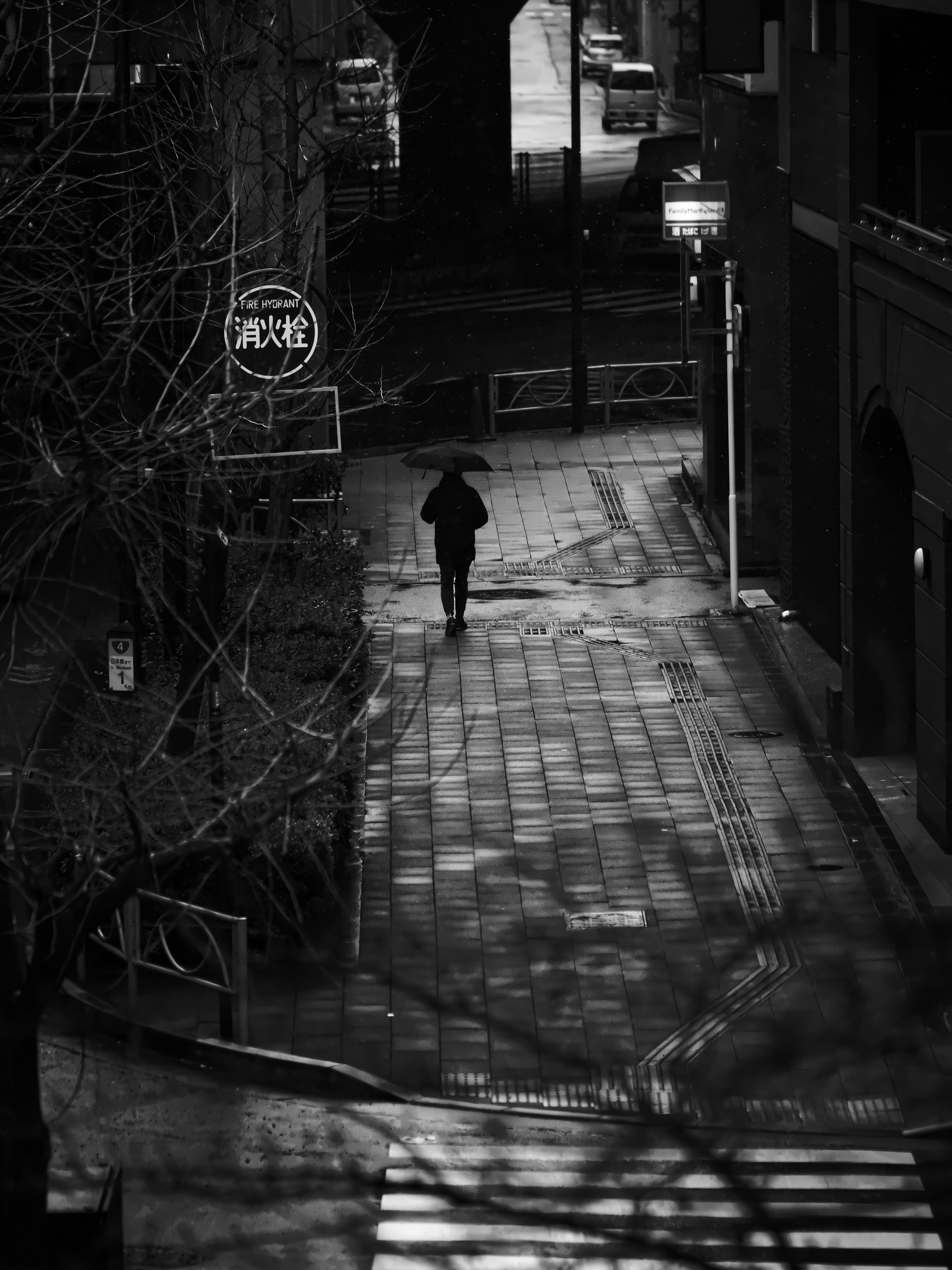 Une personne marchant avec un parapluie au coin d'une rue en noir et blanc