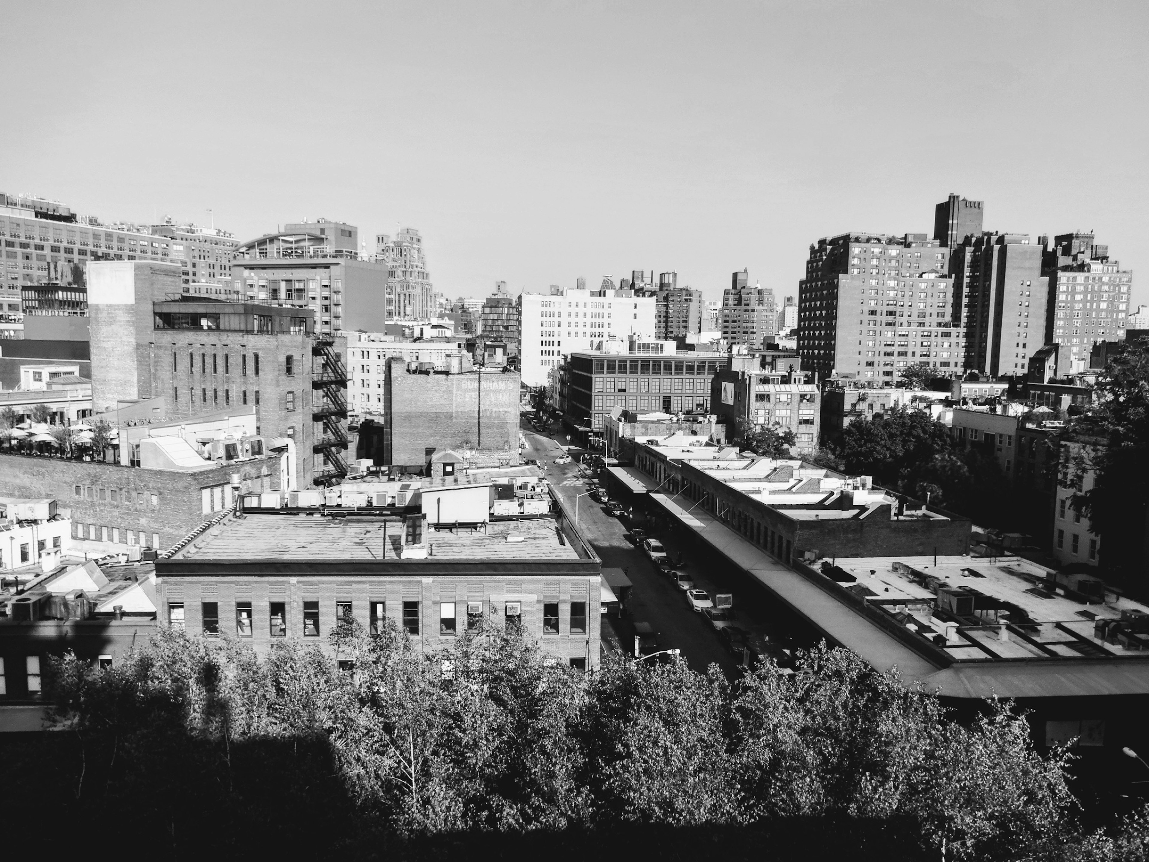 Paisaje urbano en blanco y negro de Nueva York mostrando edificios y calles