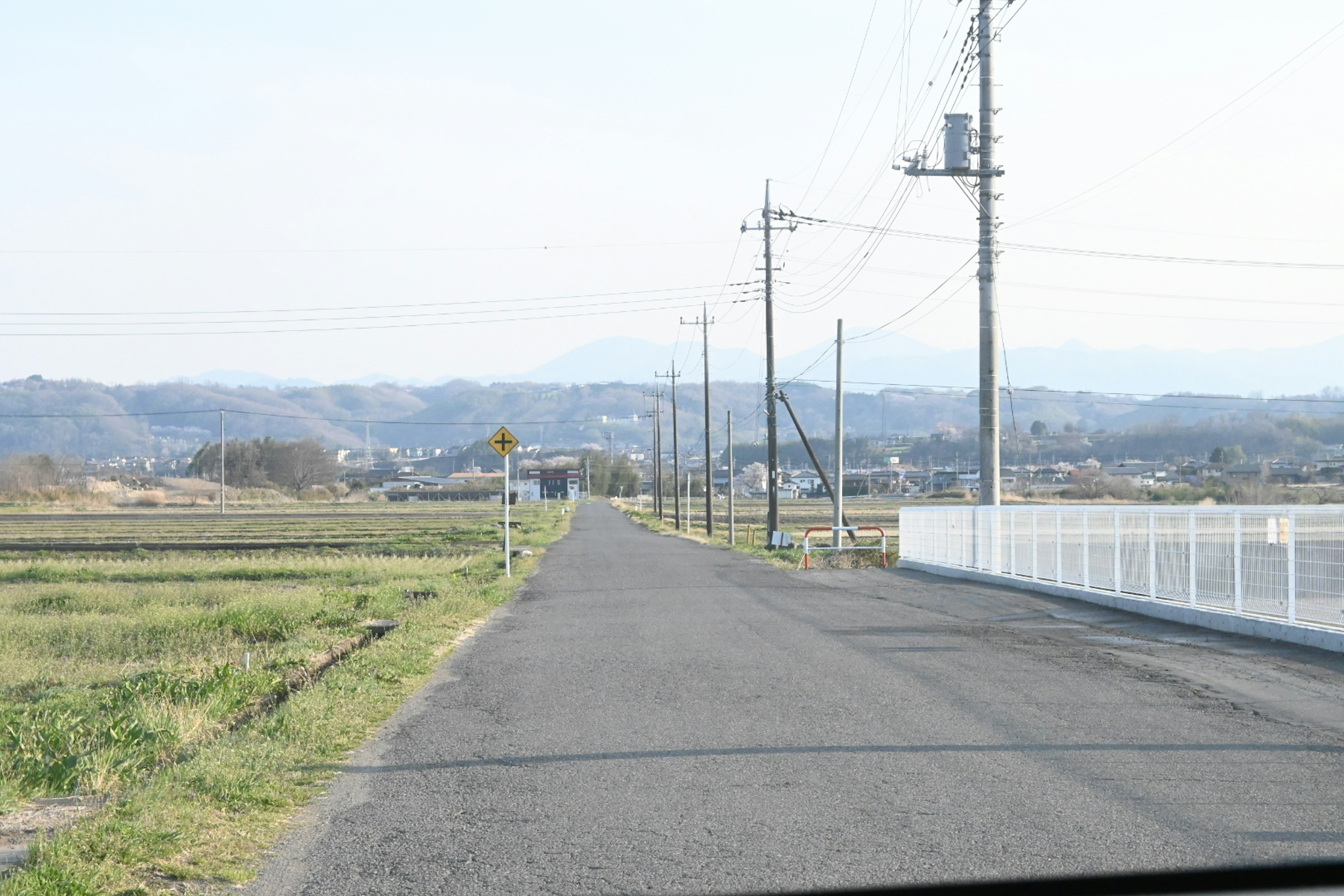 一條安靜的道路，兩旁是稻田和電線杆