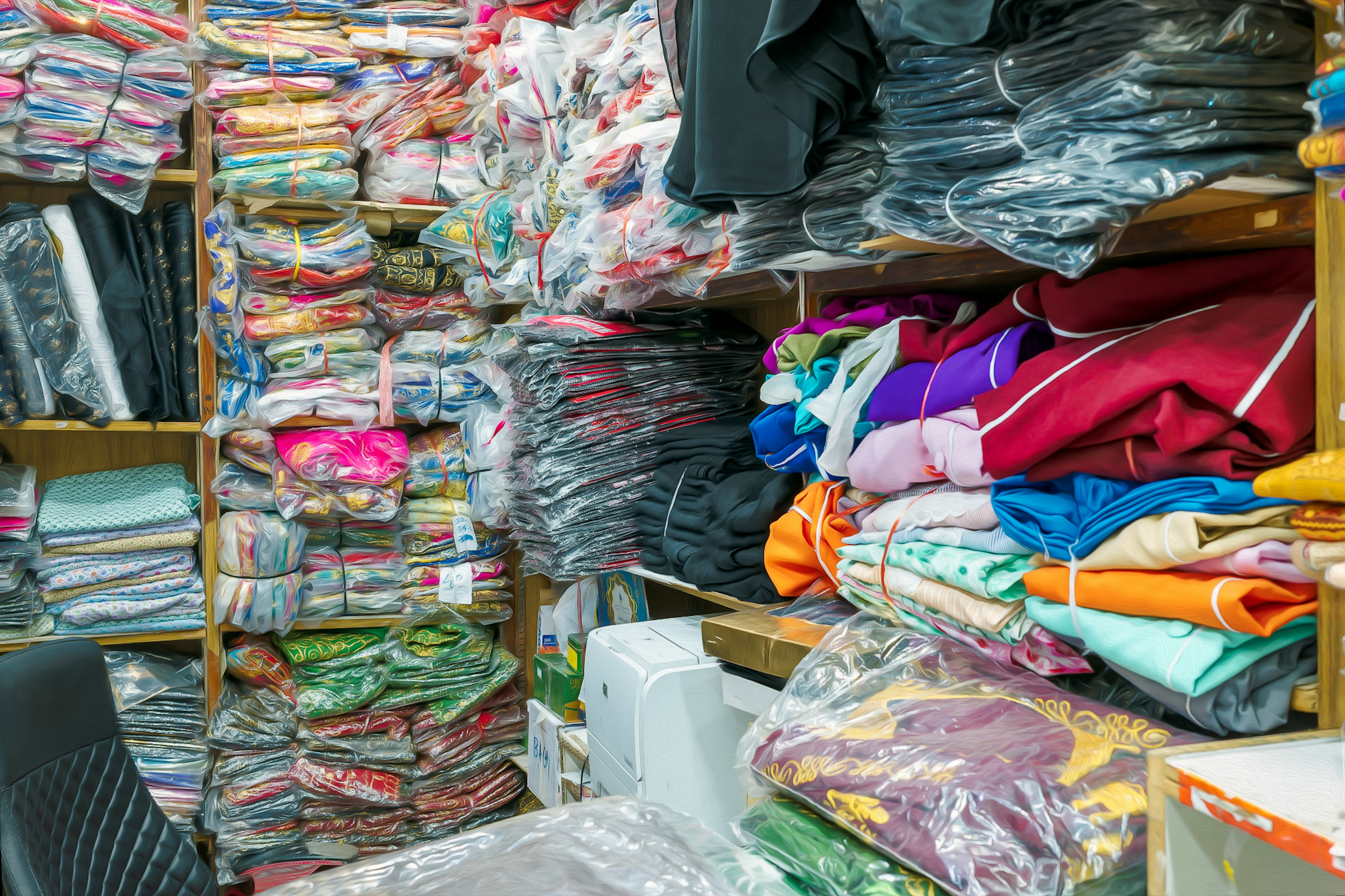 Interior of a fabric store with colorful stacked fabrics on shelves