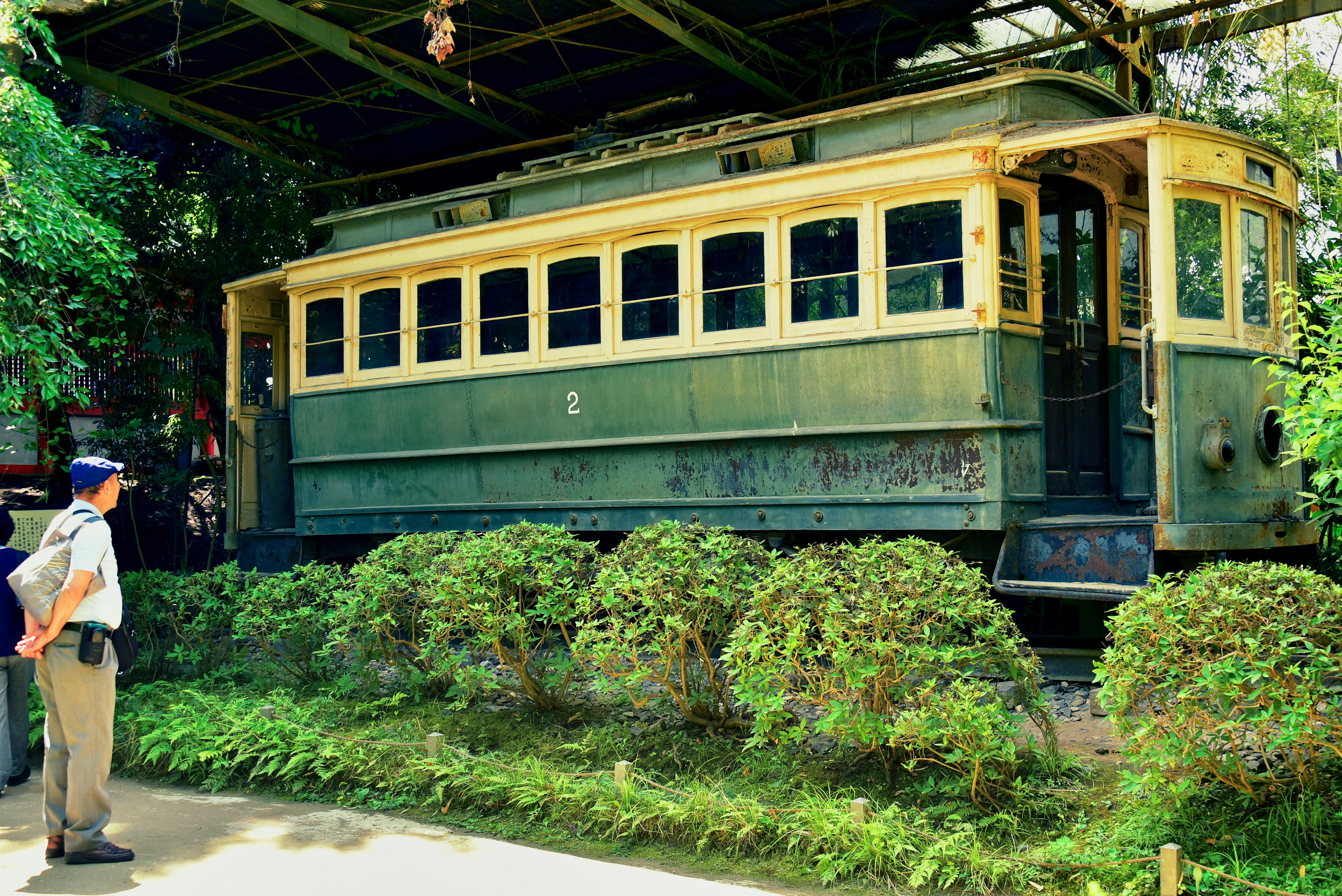 A vintage green and yellow tram displayed in a lush garden setting