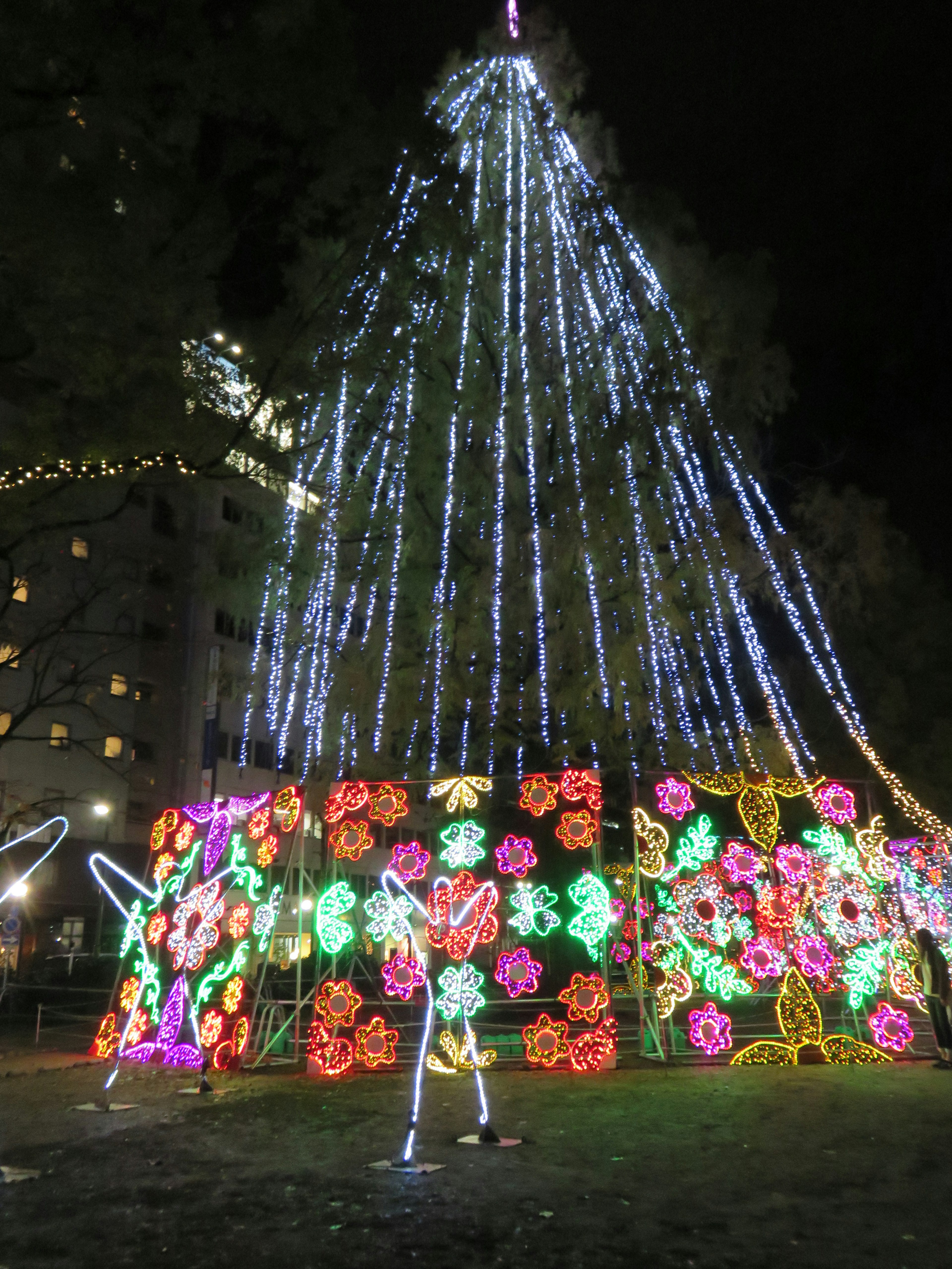 夜に輝くイルミネーションのクリスマスツリーとカラフルな花の飾り