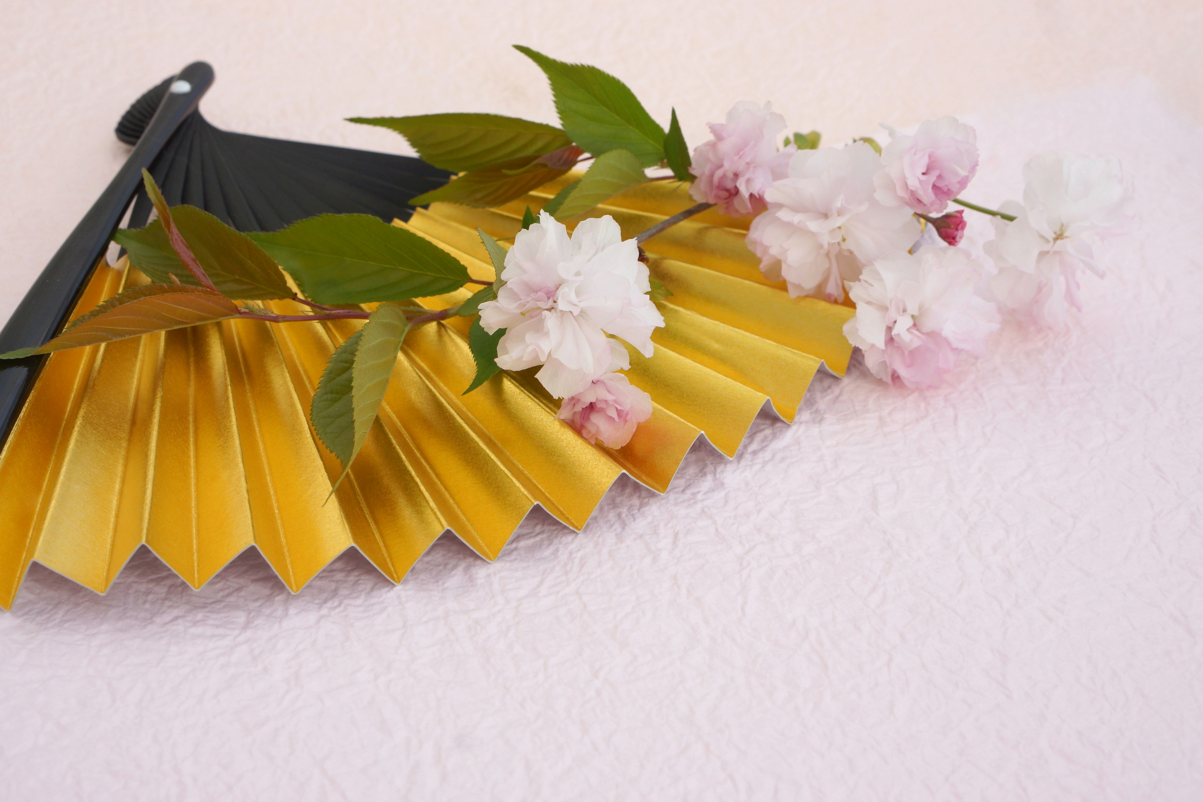 Golden fan adorned with cherry blossoms and leaves