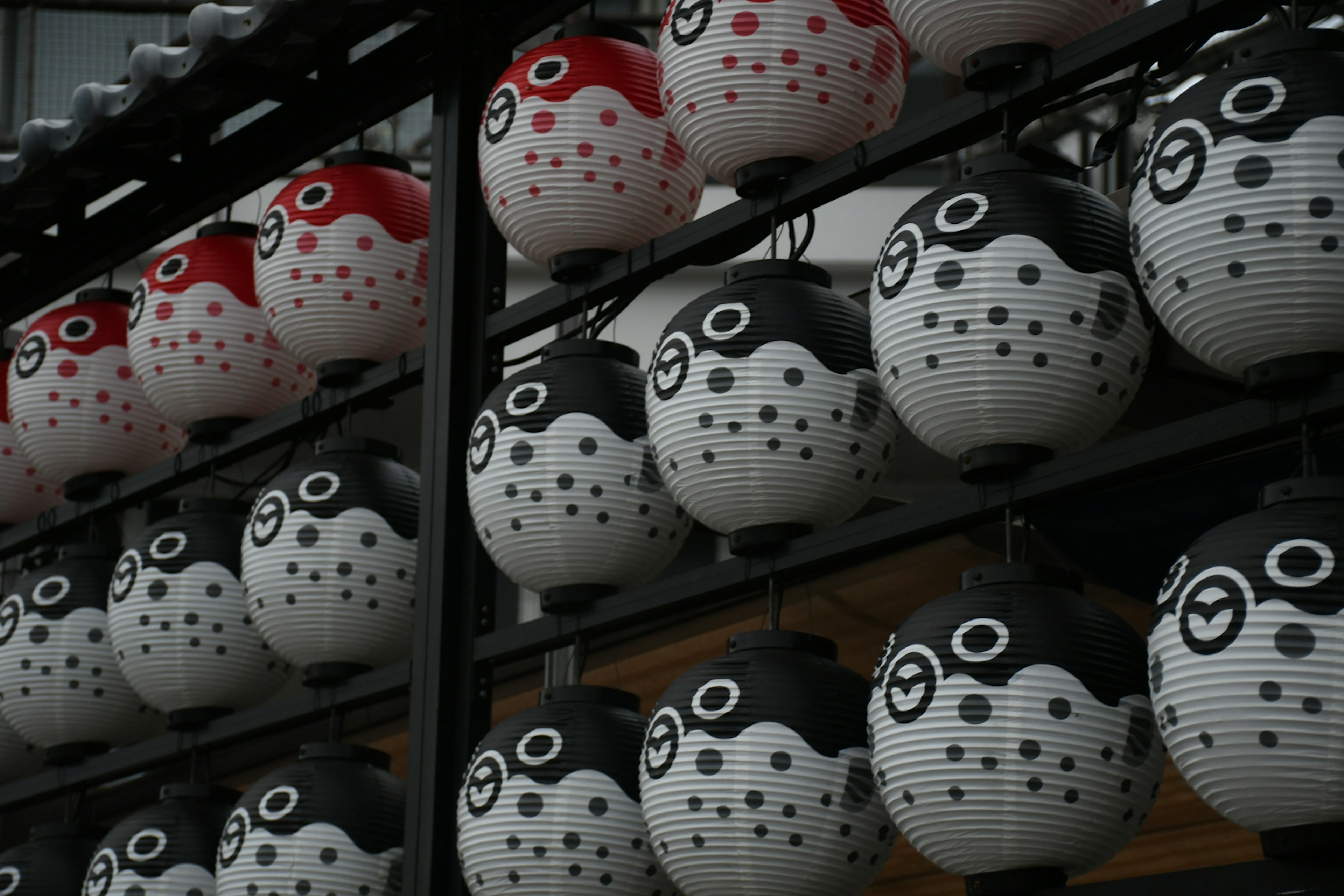 Colorful lanterns arranged in a decorative display