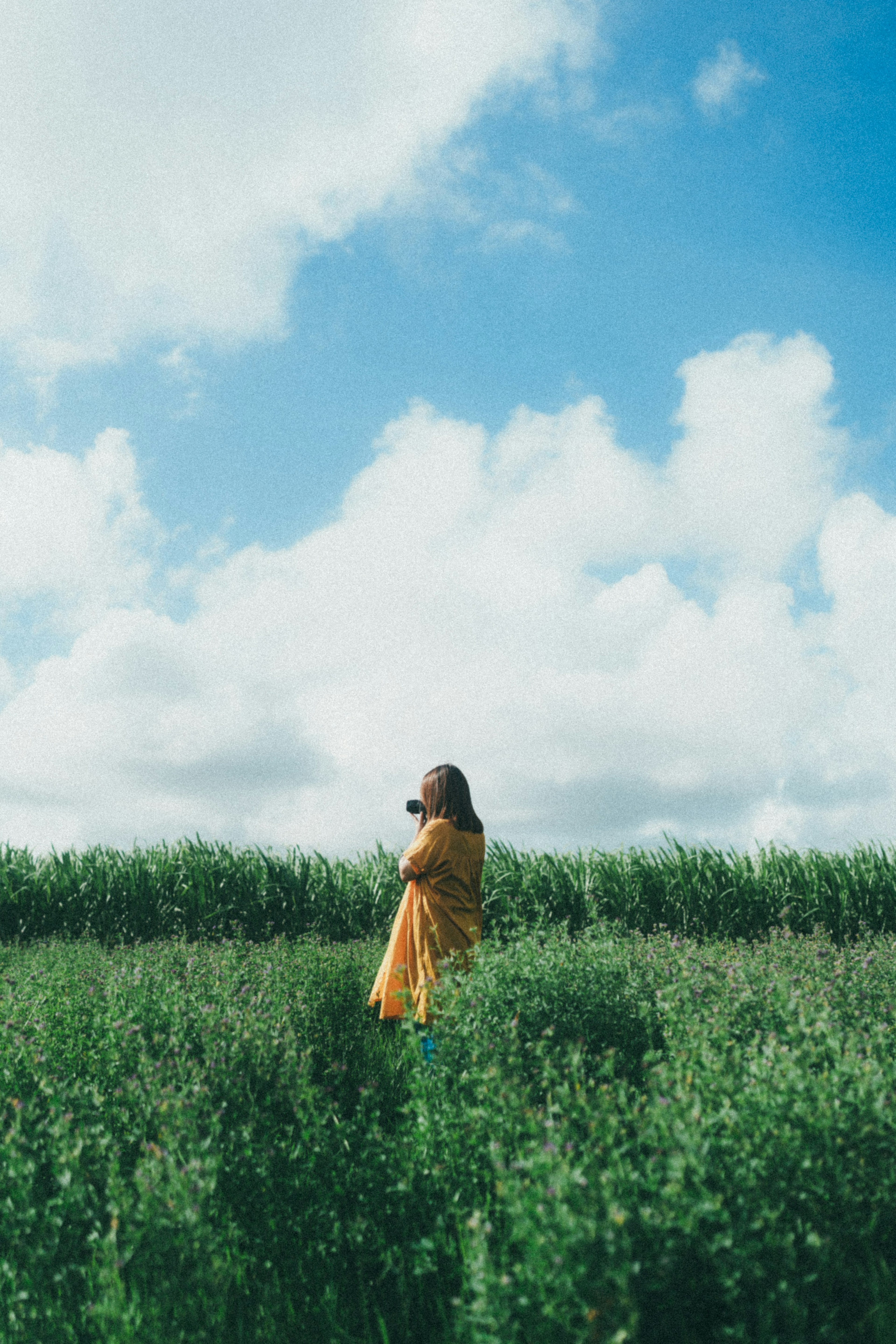 Femme en robe jaune debout dans un champ vert sous un ciel bleu