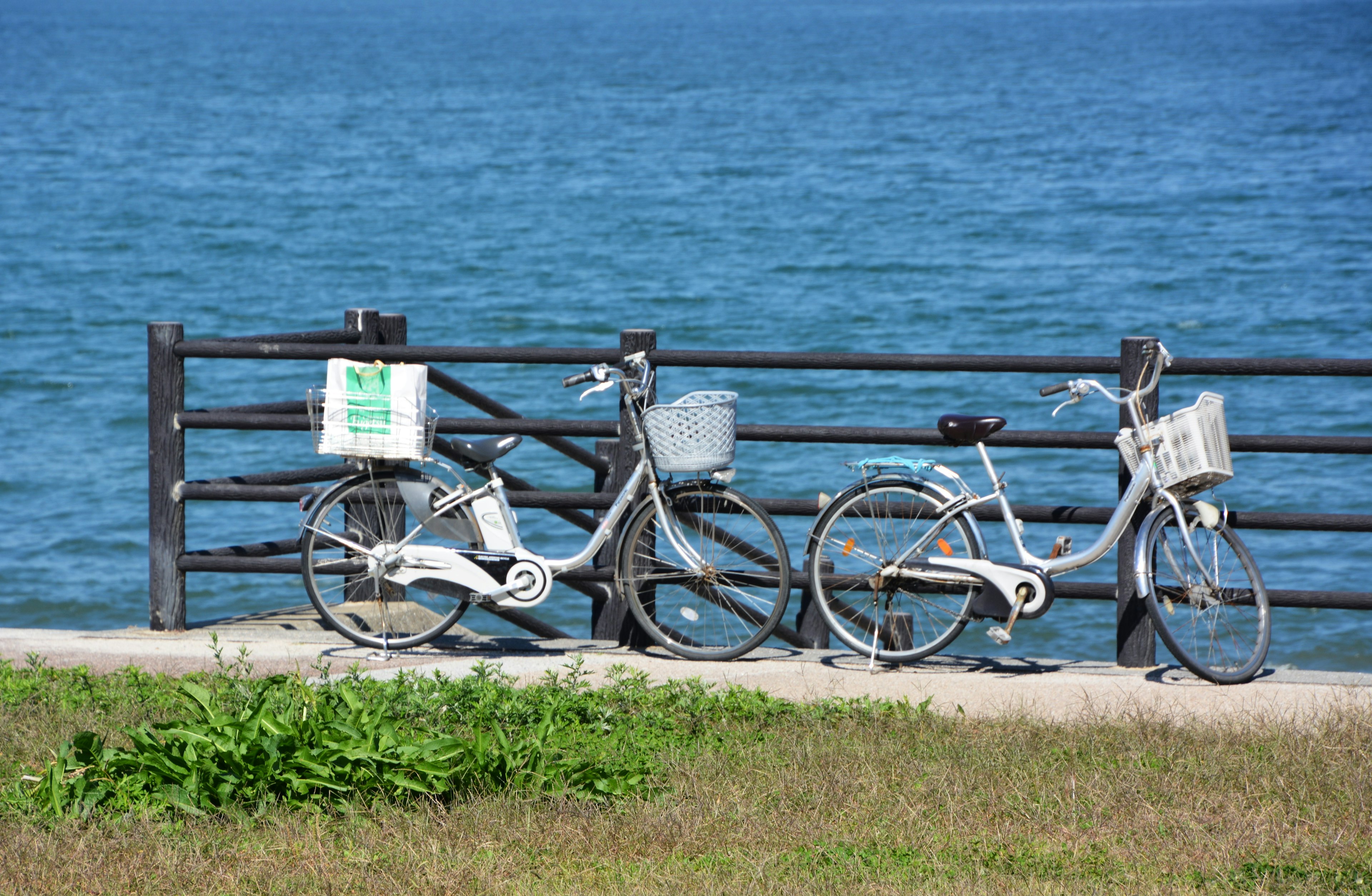 Deux vélos garés près de l'eau avec une clôture en bois