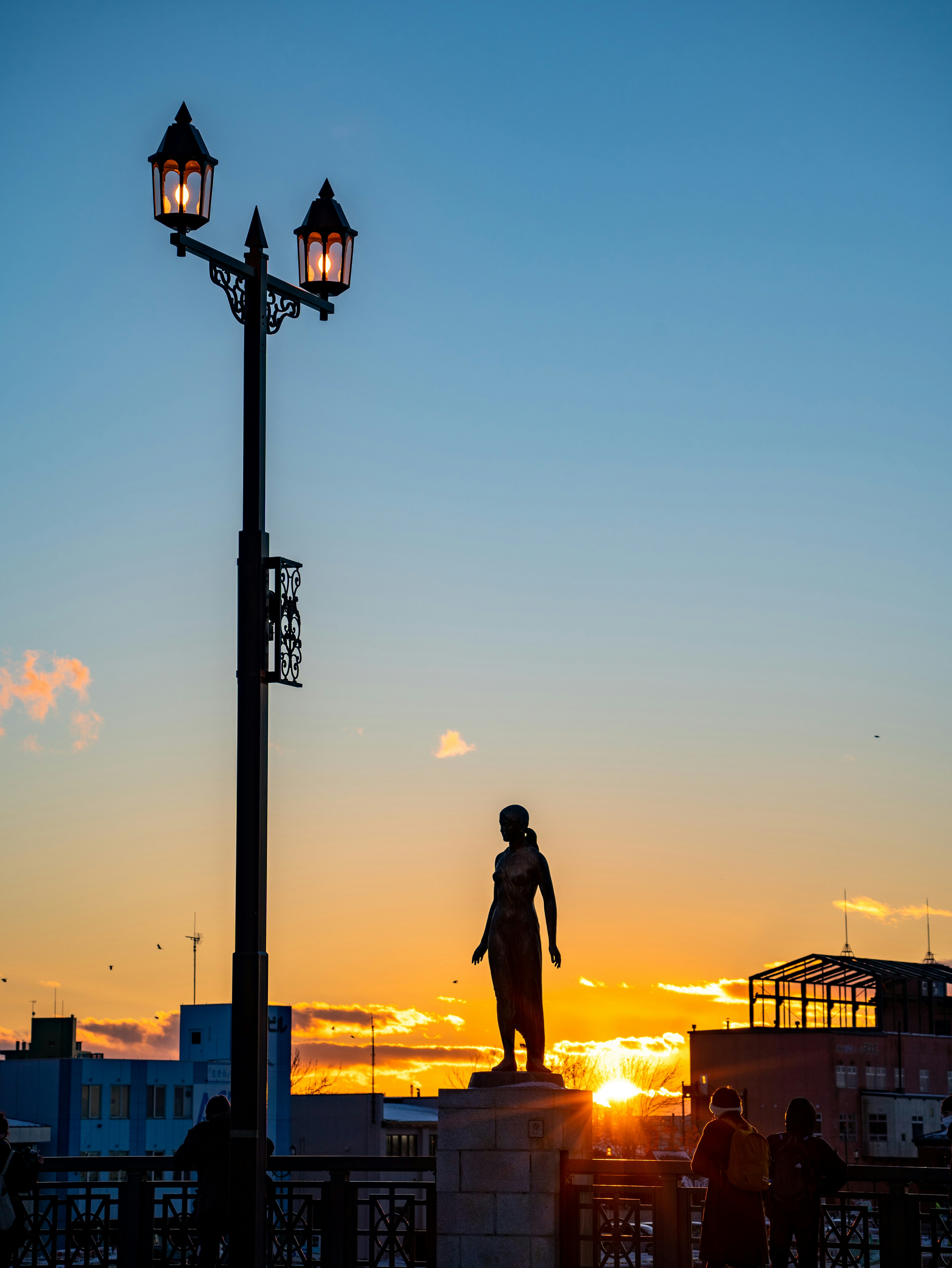 Silhouette of a statue and streetlights against a sunset