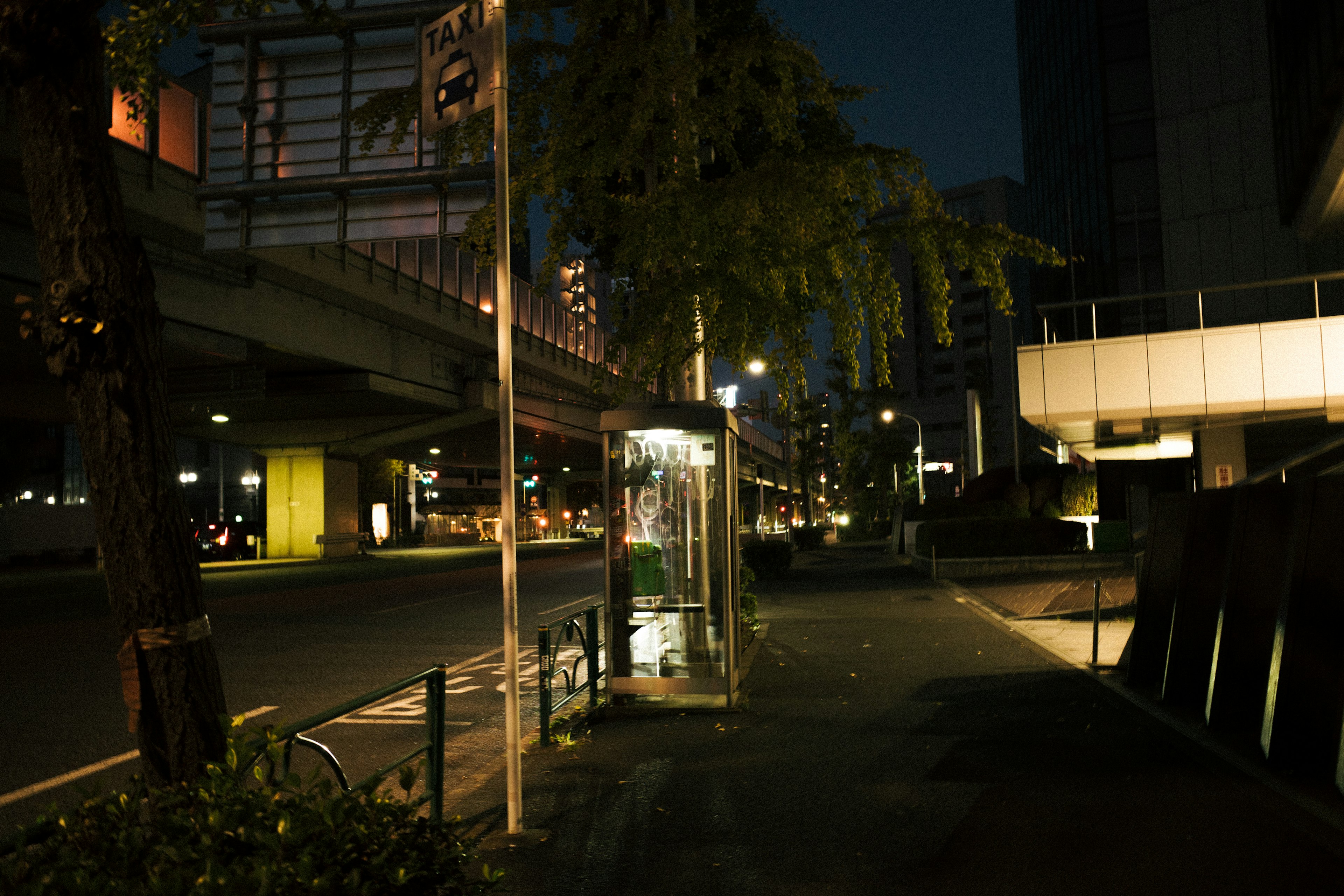 夜の街並みに立つバス停と街灯