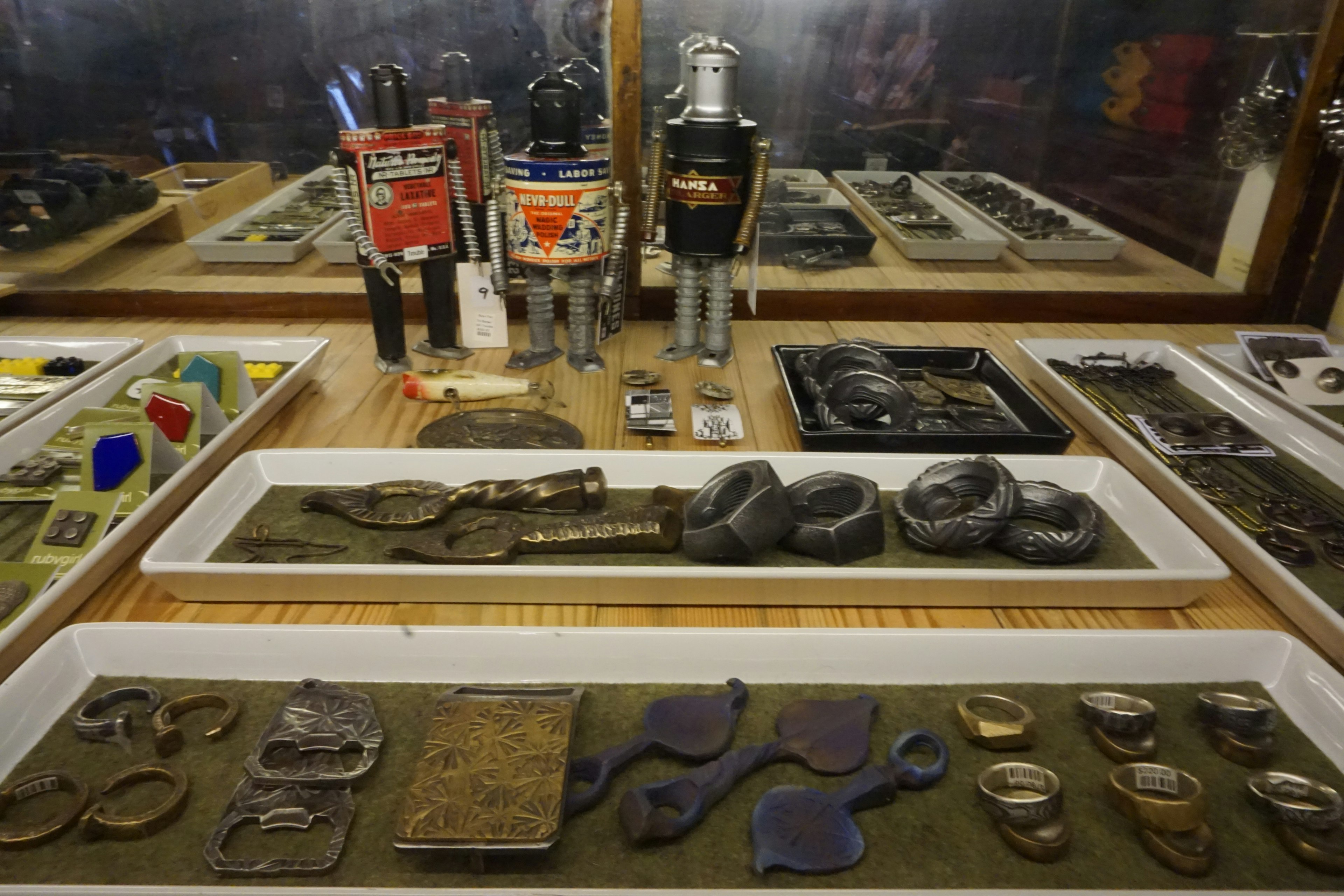 Display of vintage metal objects and tools