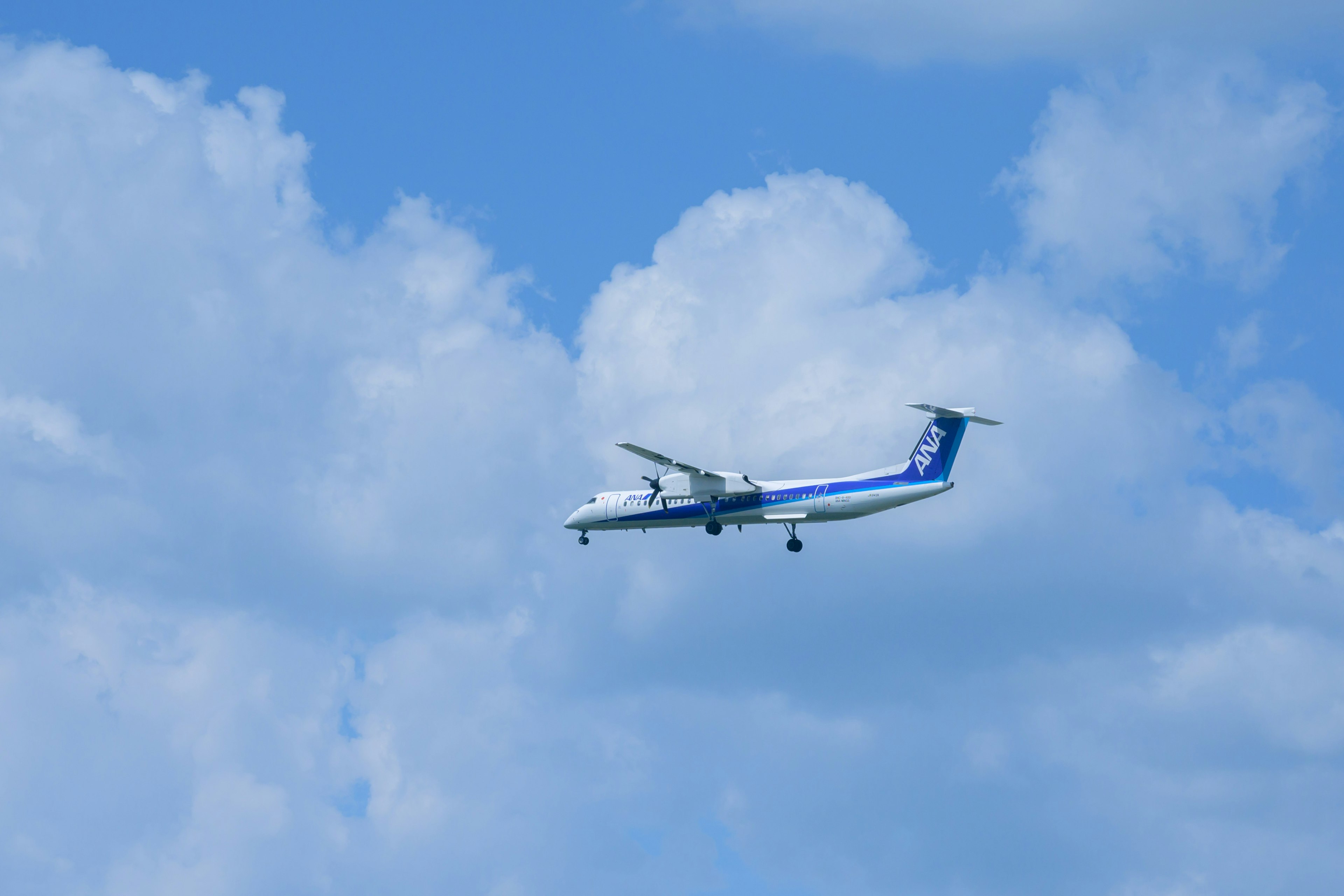 Pesawat kecil putih dan biru terbang di langit biru