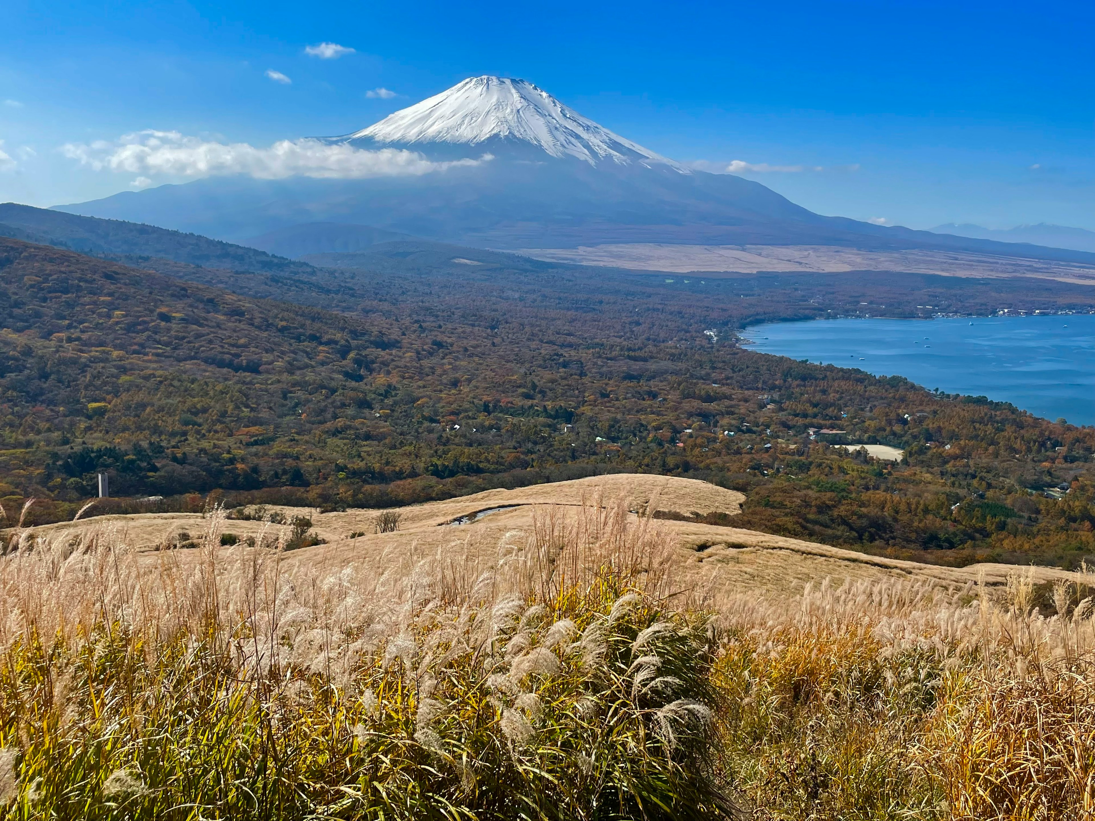 富士山が雪で覆われた美しい風景と湖が広がる秋の景色