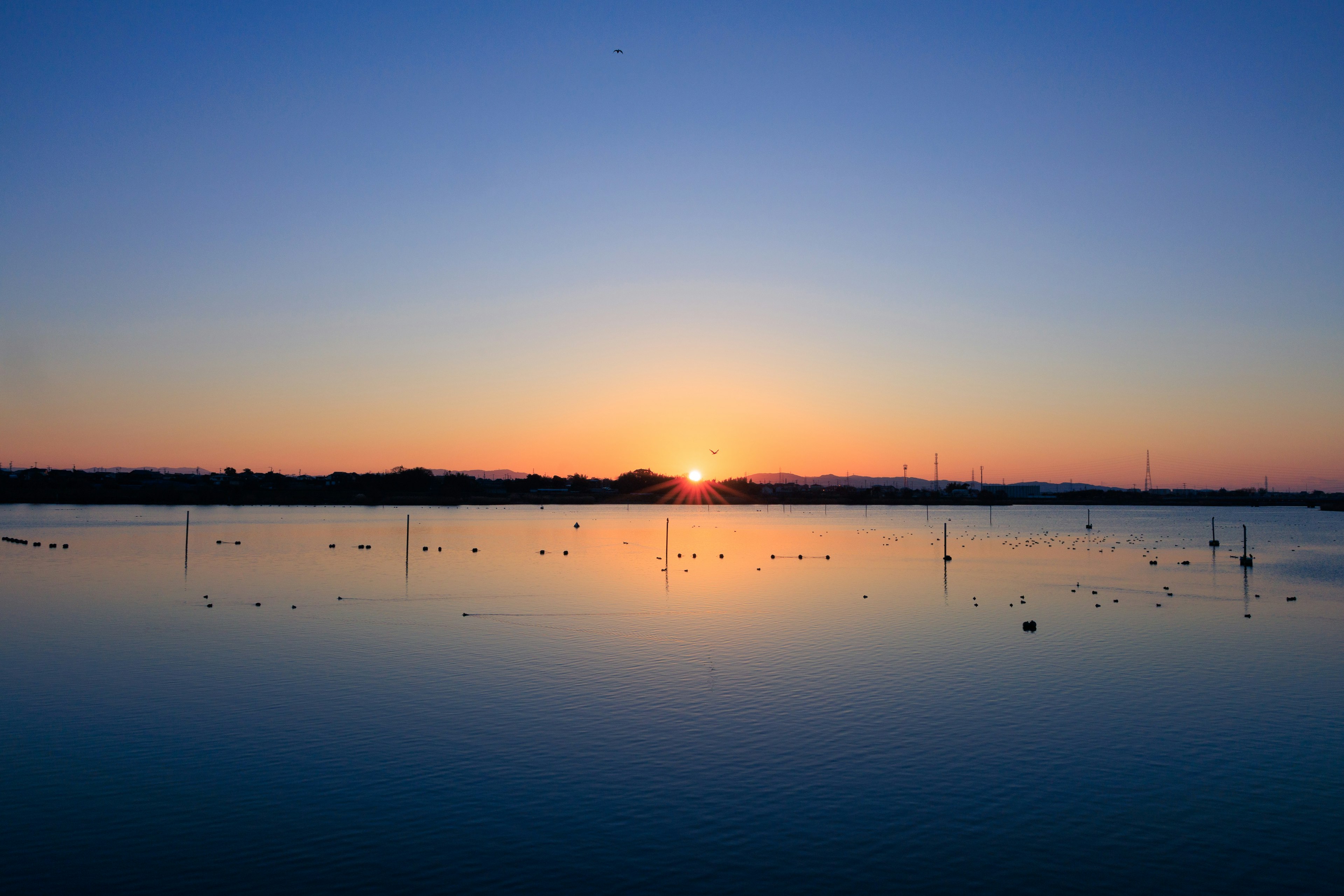 静かな湖の水面に反射する夕日の美しい景色