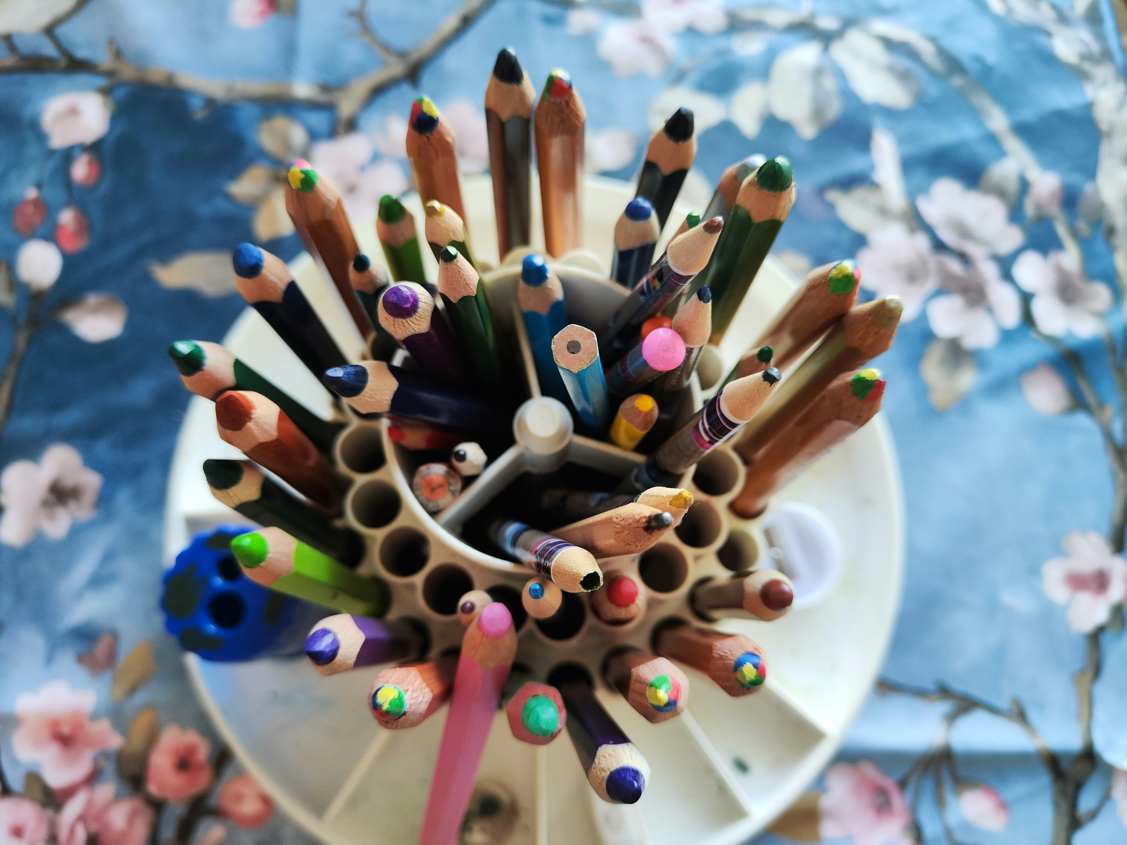 Overhead view of a pencil holder filled with colorful colored pencils