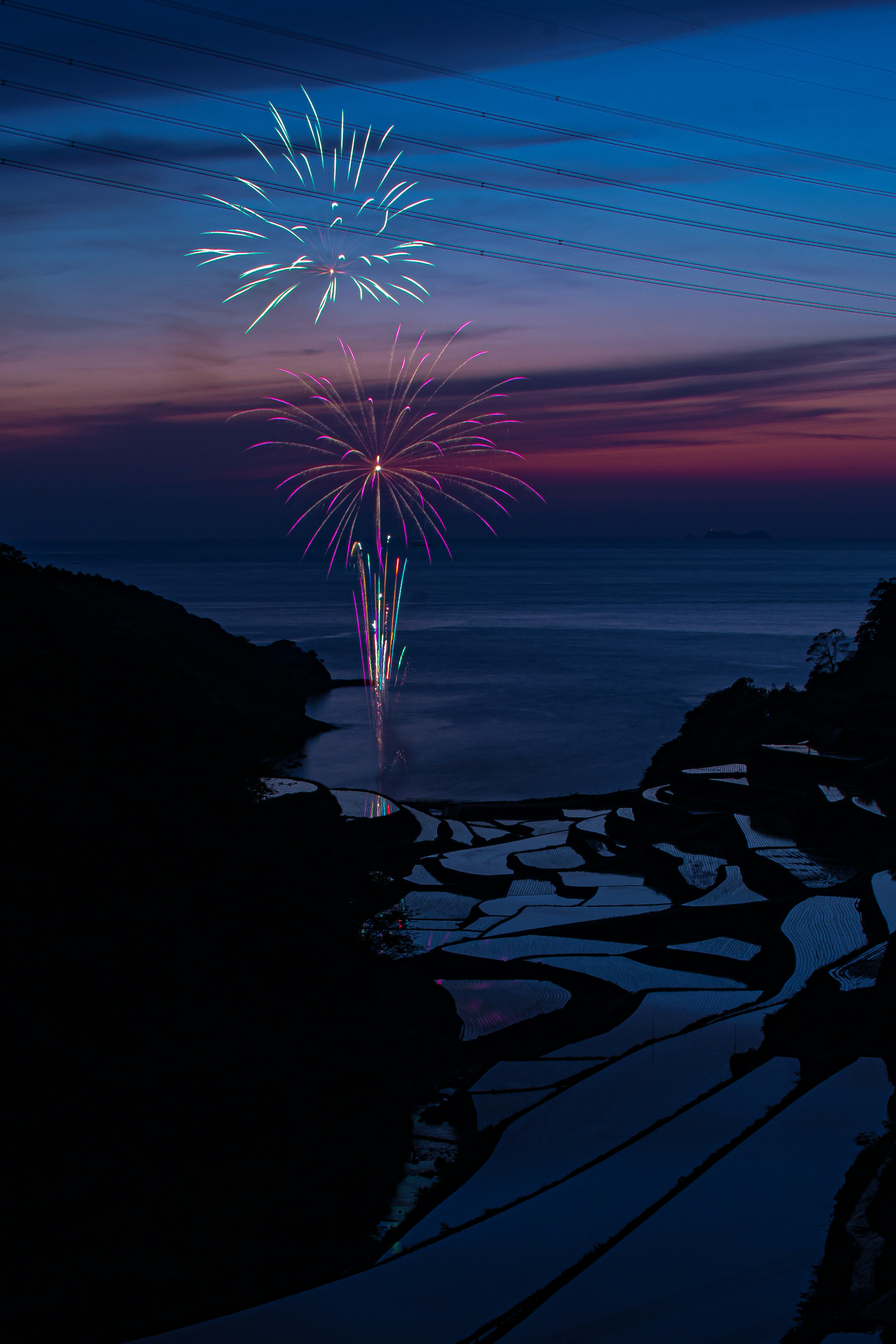 海の上に花火が打ち上げられる夜空の風景