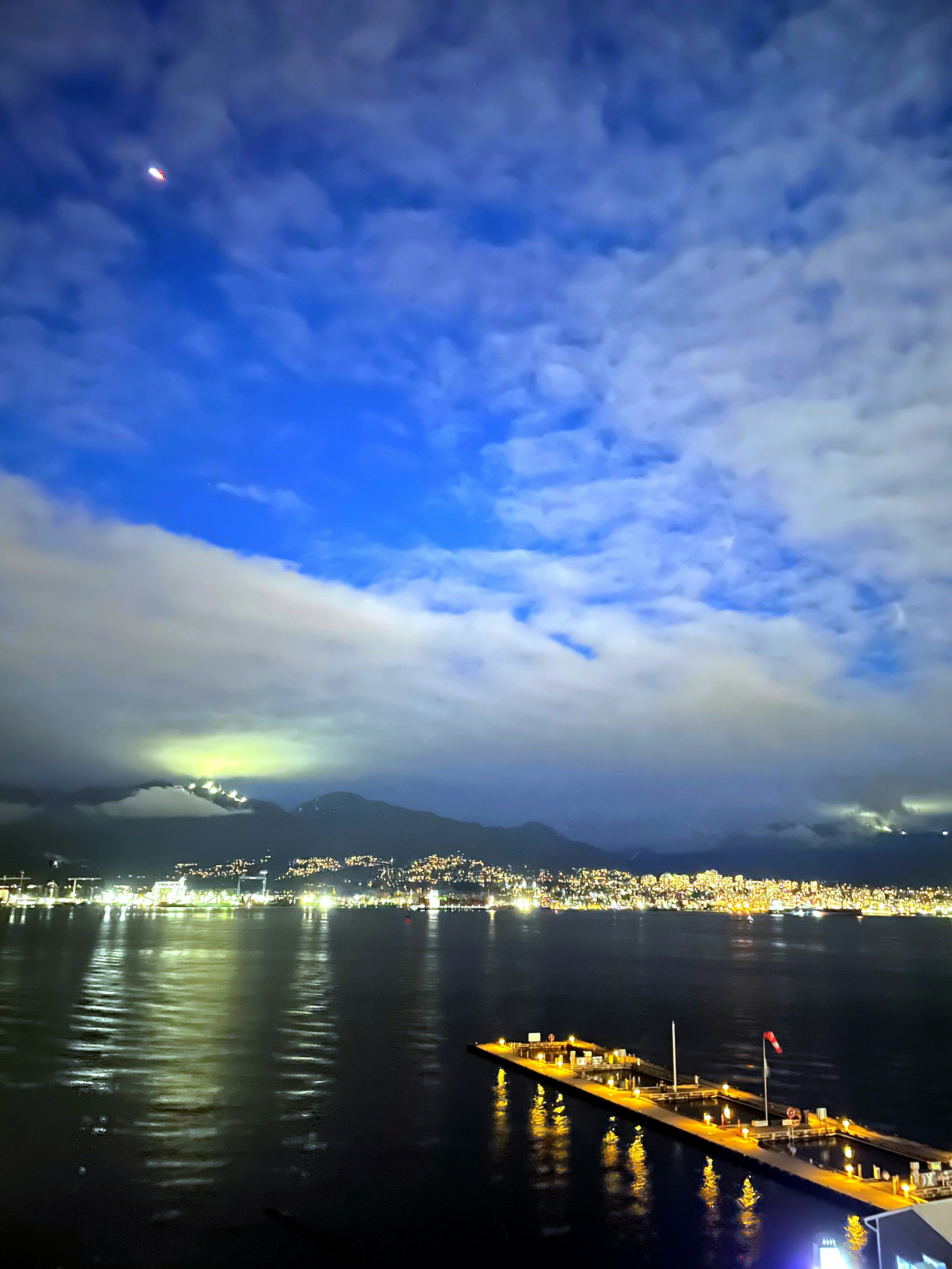 Scenic view of a harbor at night with reflections on the water