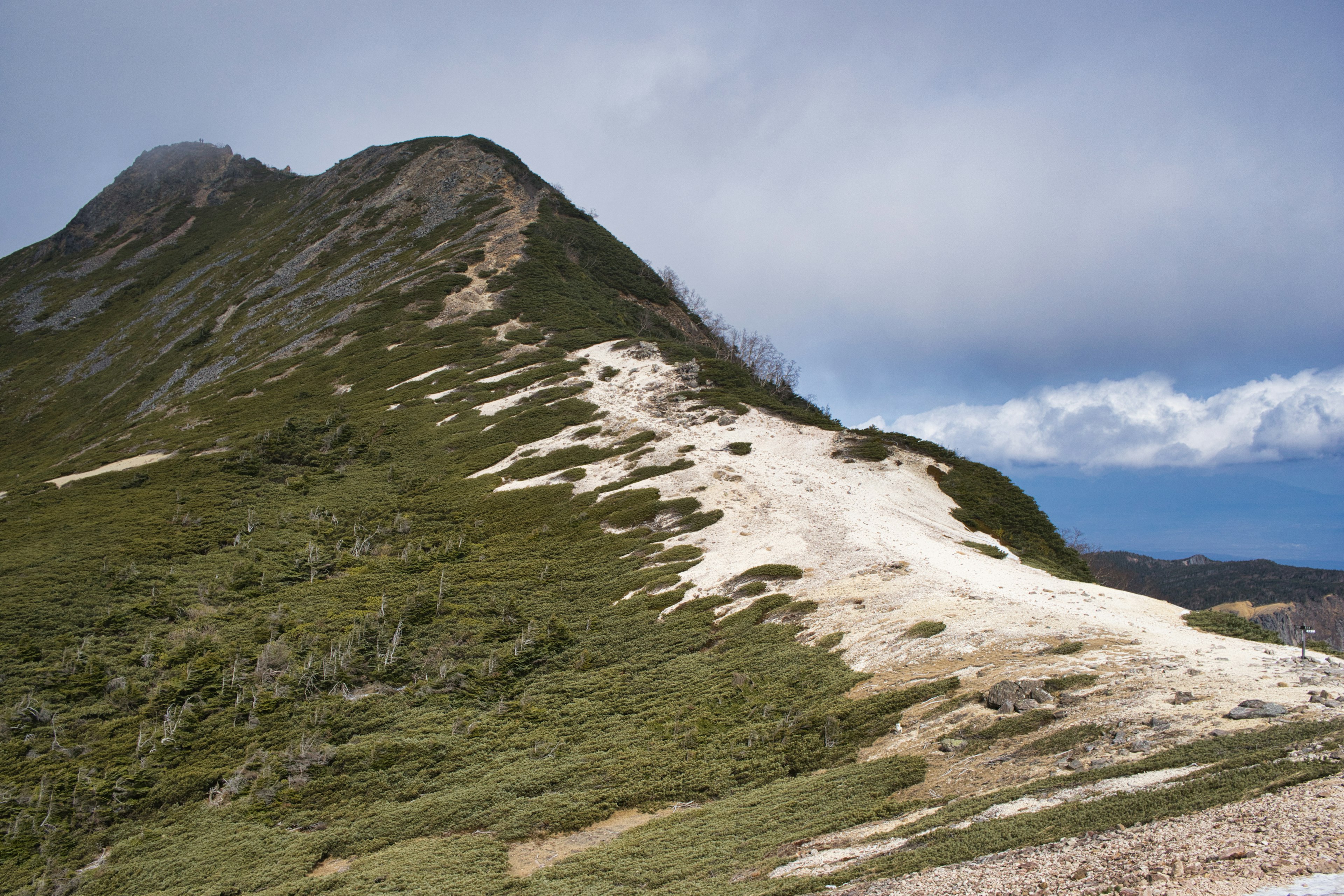 绿草和岩石地形的山坡下蓝天