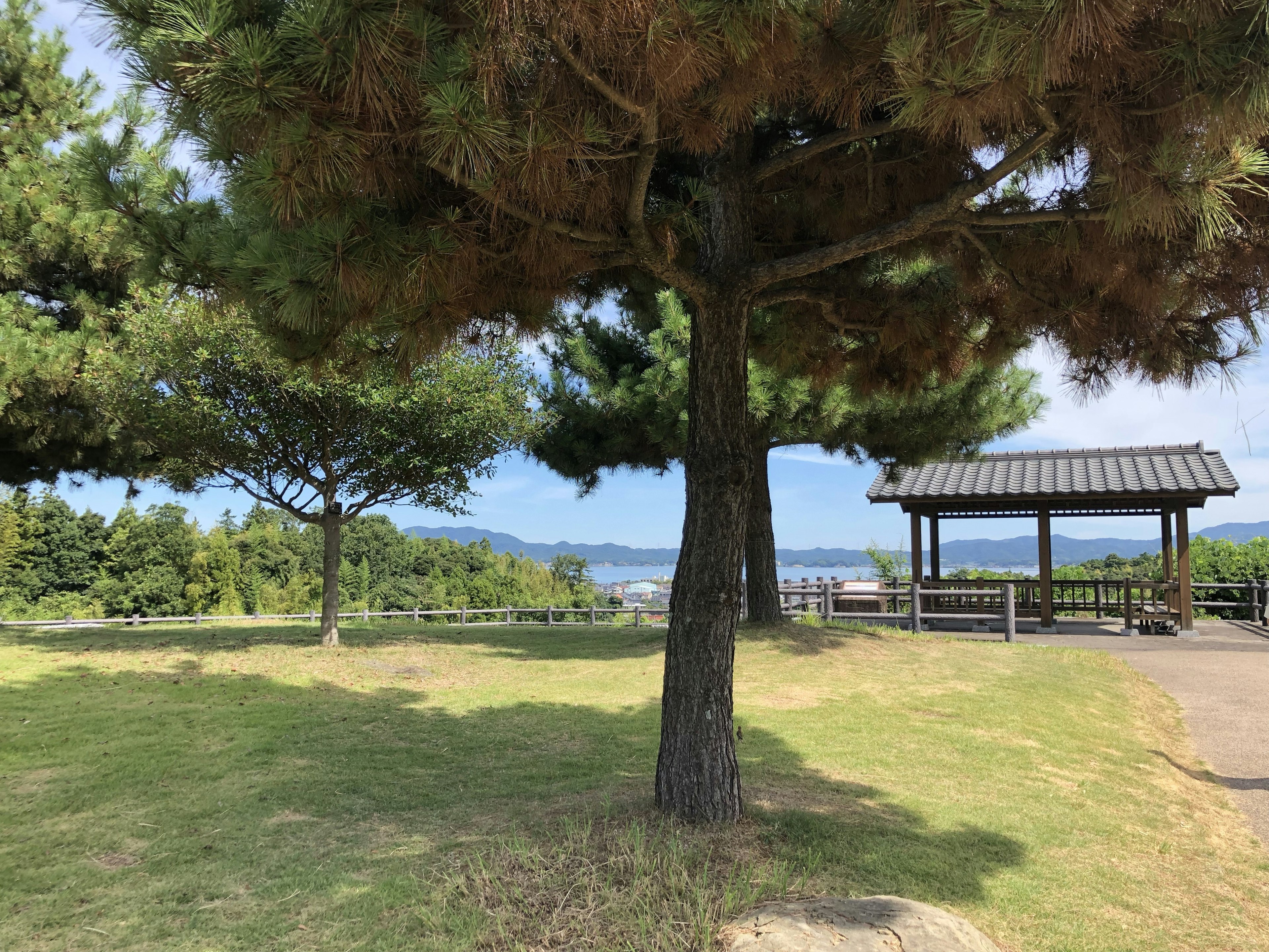 Une vue pittoresque du parc avec des arbres et un kiosque