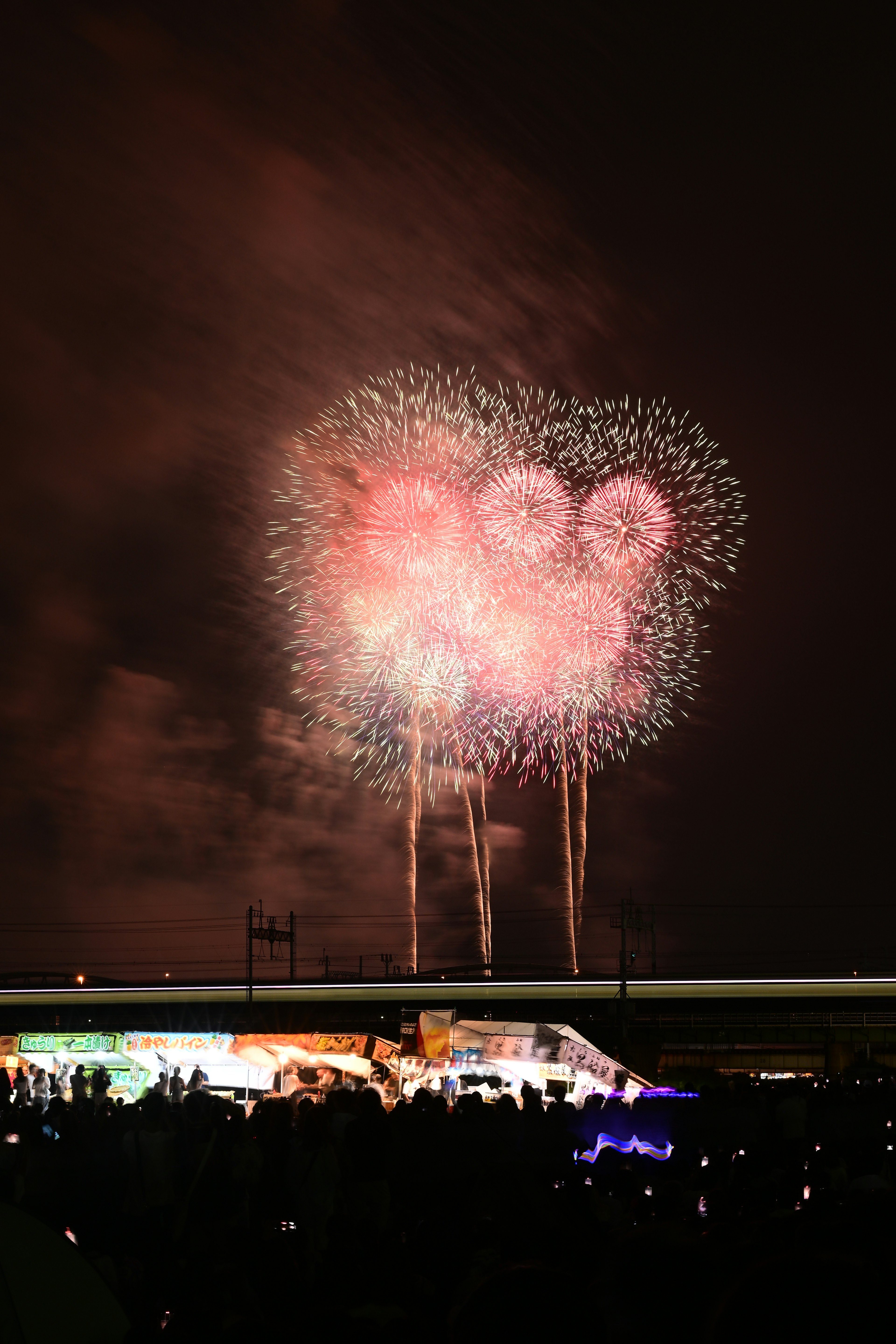 Colorful fireworks illuminate the night sky with spectators enjoying a summer event