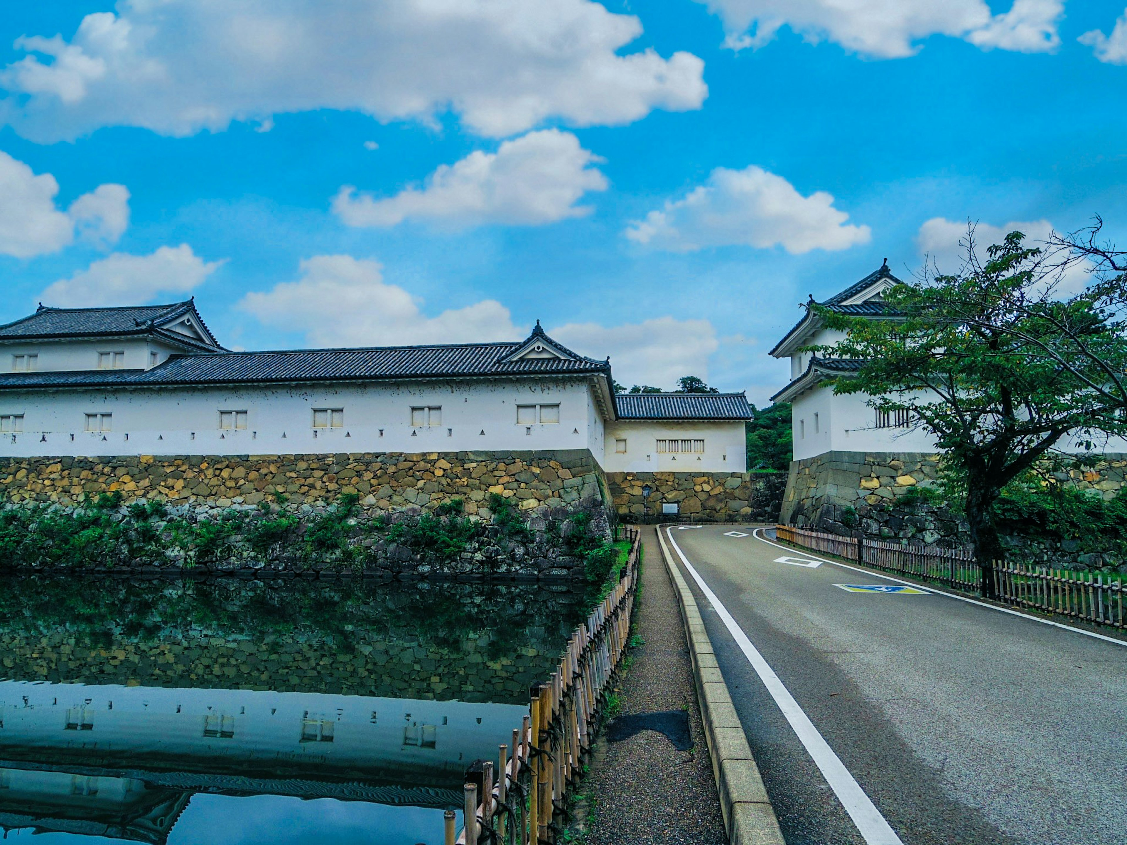 White castle walls under a beautiful blue sky with a reflecting pond