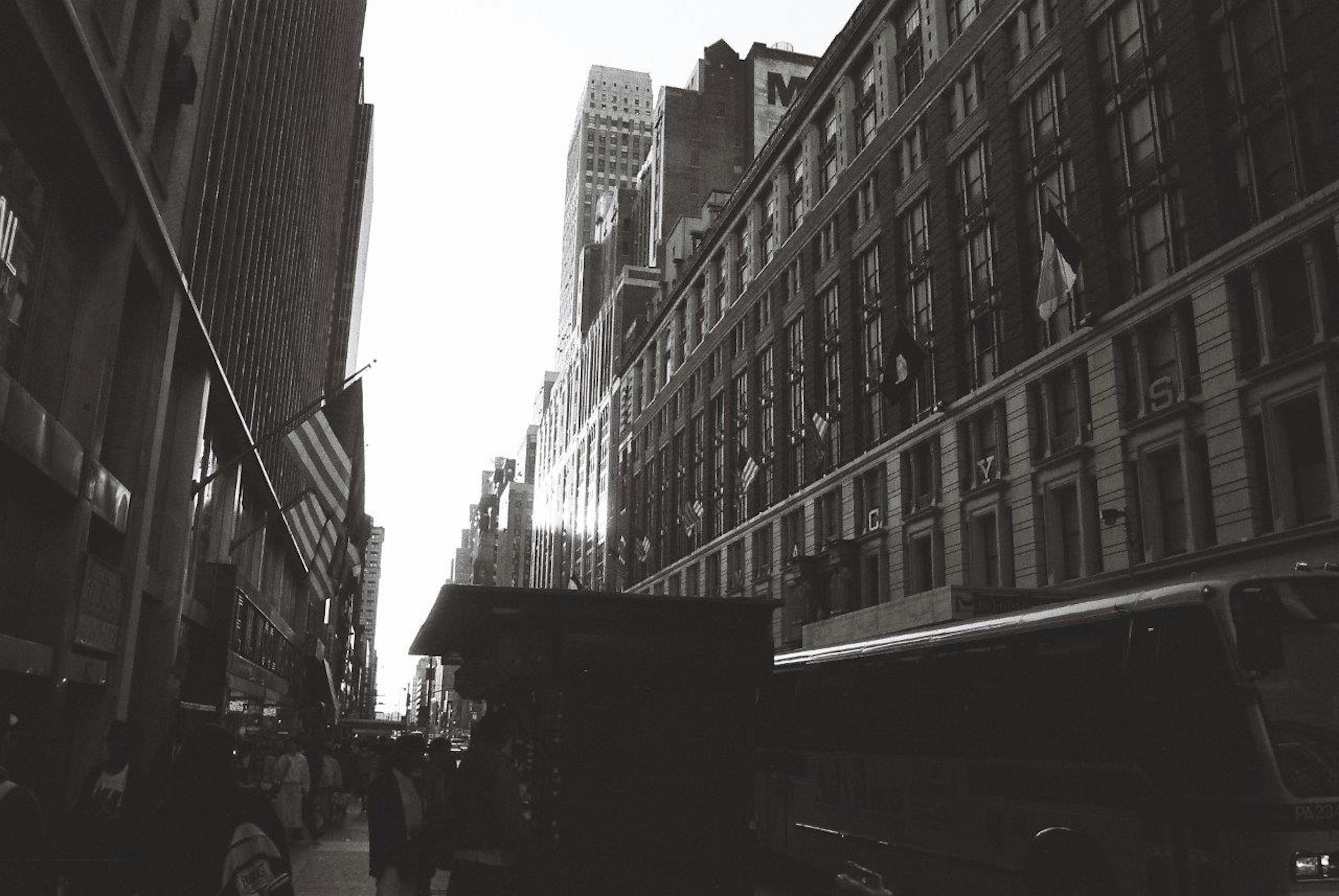 Black and white cityscape featuring tall buildings and flags along the street