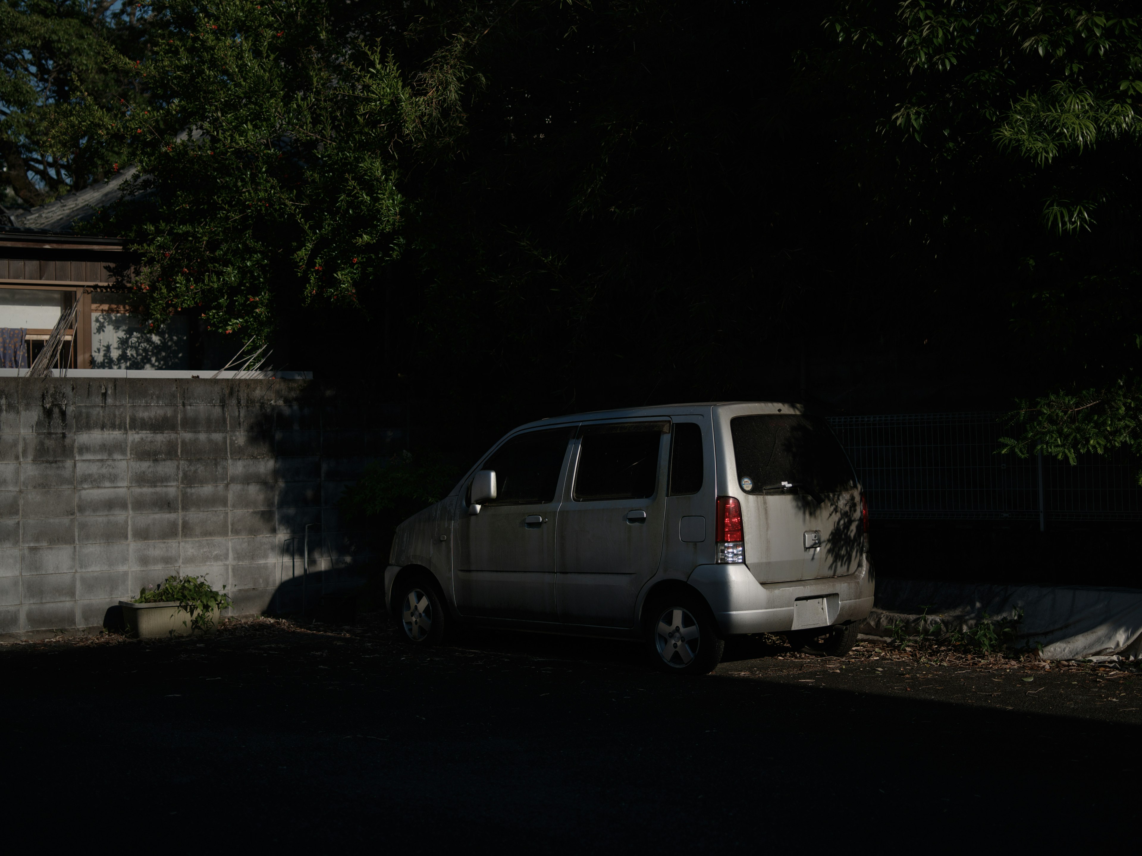 Silver car parked in a dark area surrounded by green trees