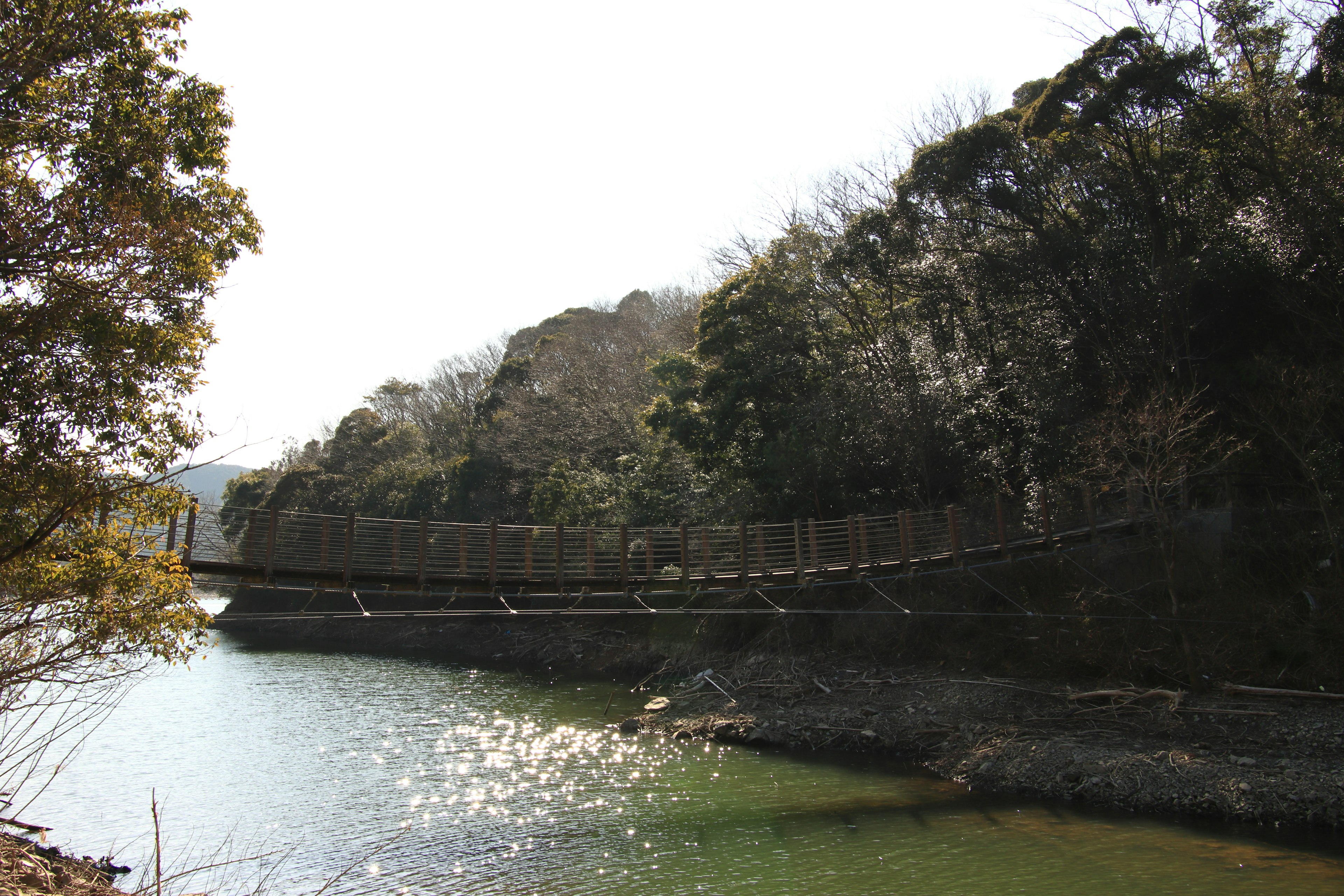 Eine schöne Hängebrücke, die einen Fluss überspannt, umgeben von natürlicher Landschaft