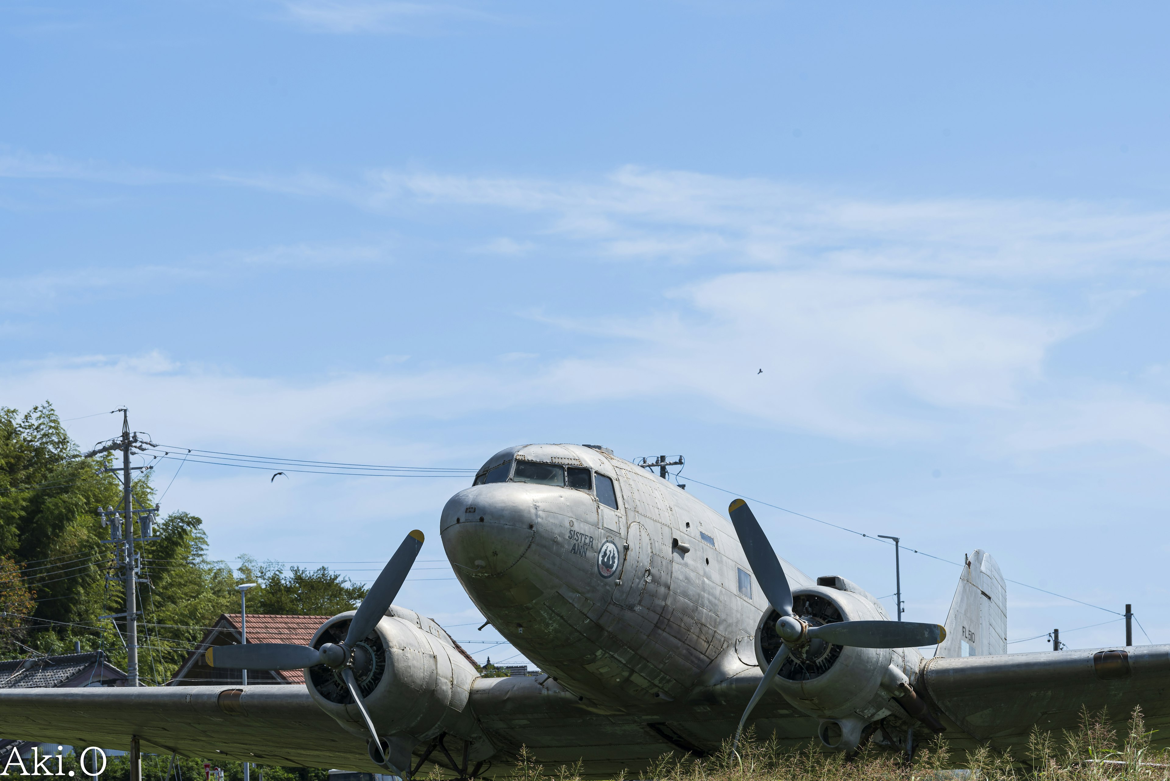 Un vieil avion est posé dans l'herbe sous un ciel bleu clair avec des maisons à proximité