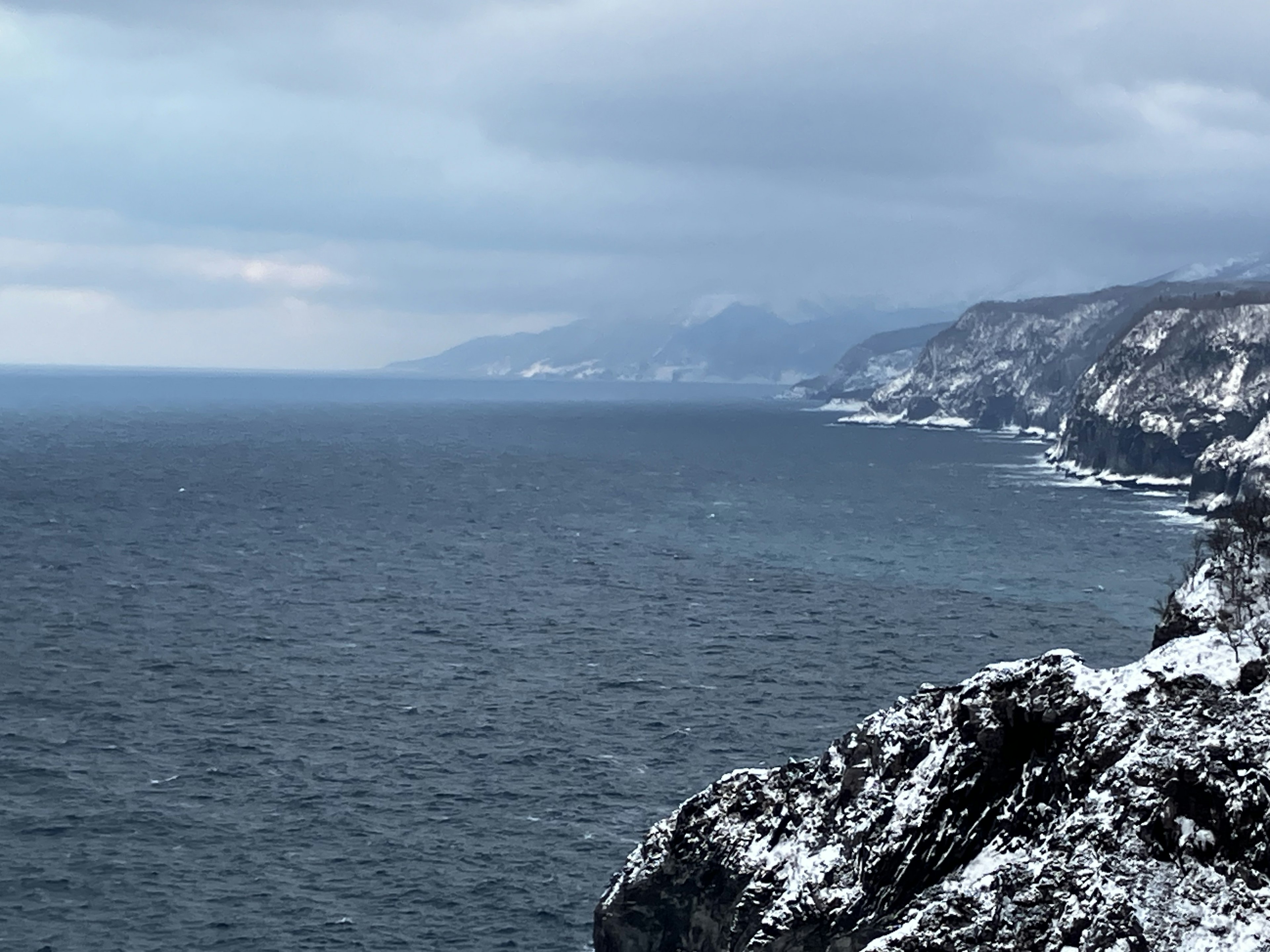 雪に覆われた岩の海岸線と暗い空の風景