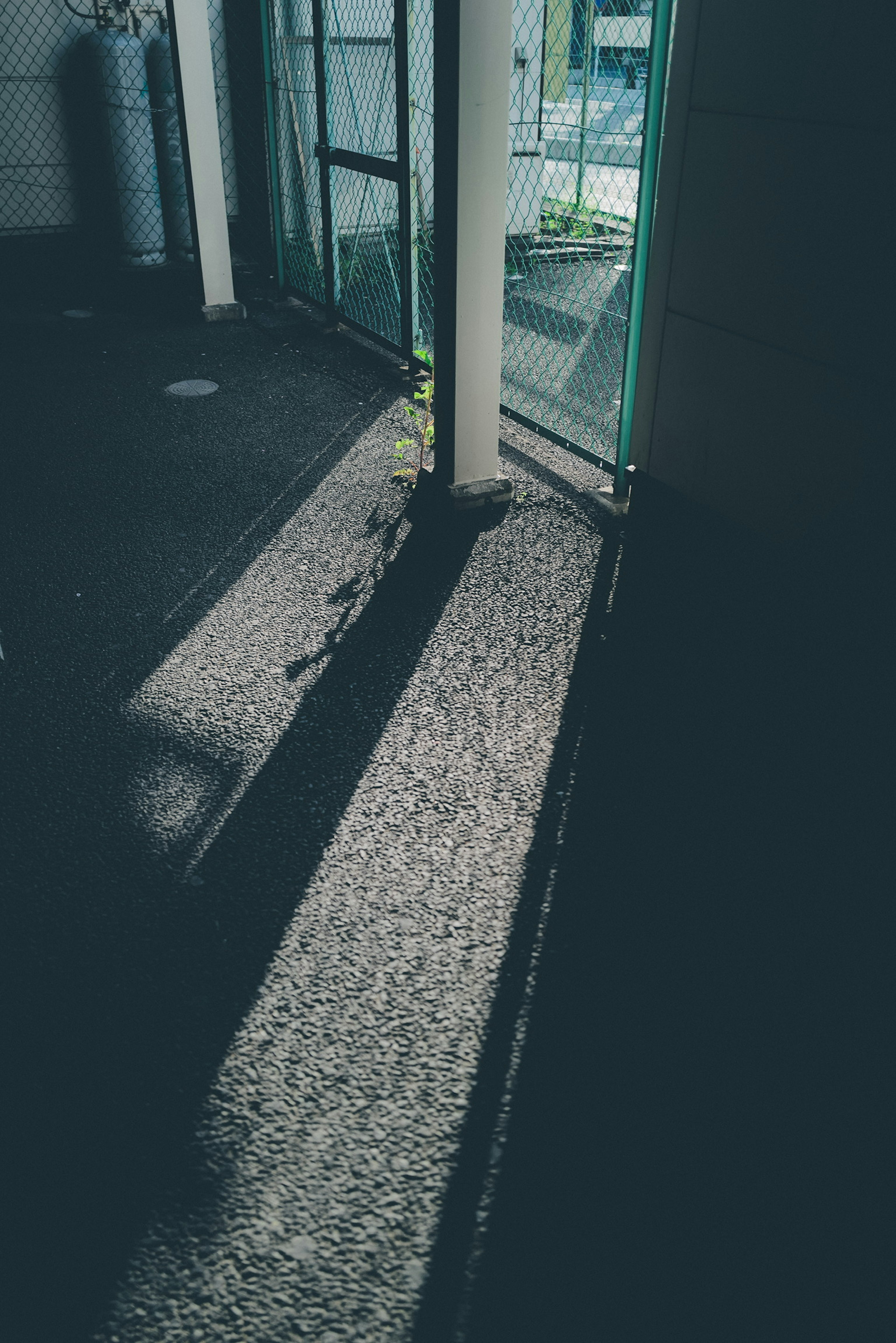 Un espacio con sombras en el suelo y puertas de vidrio