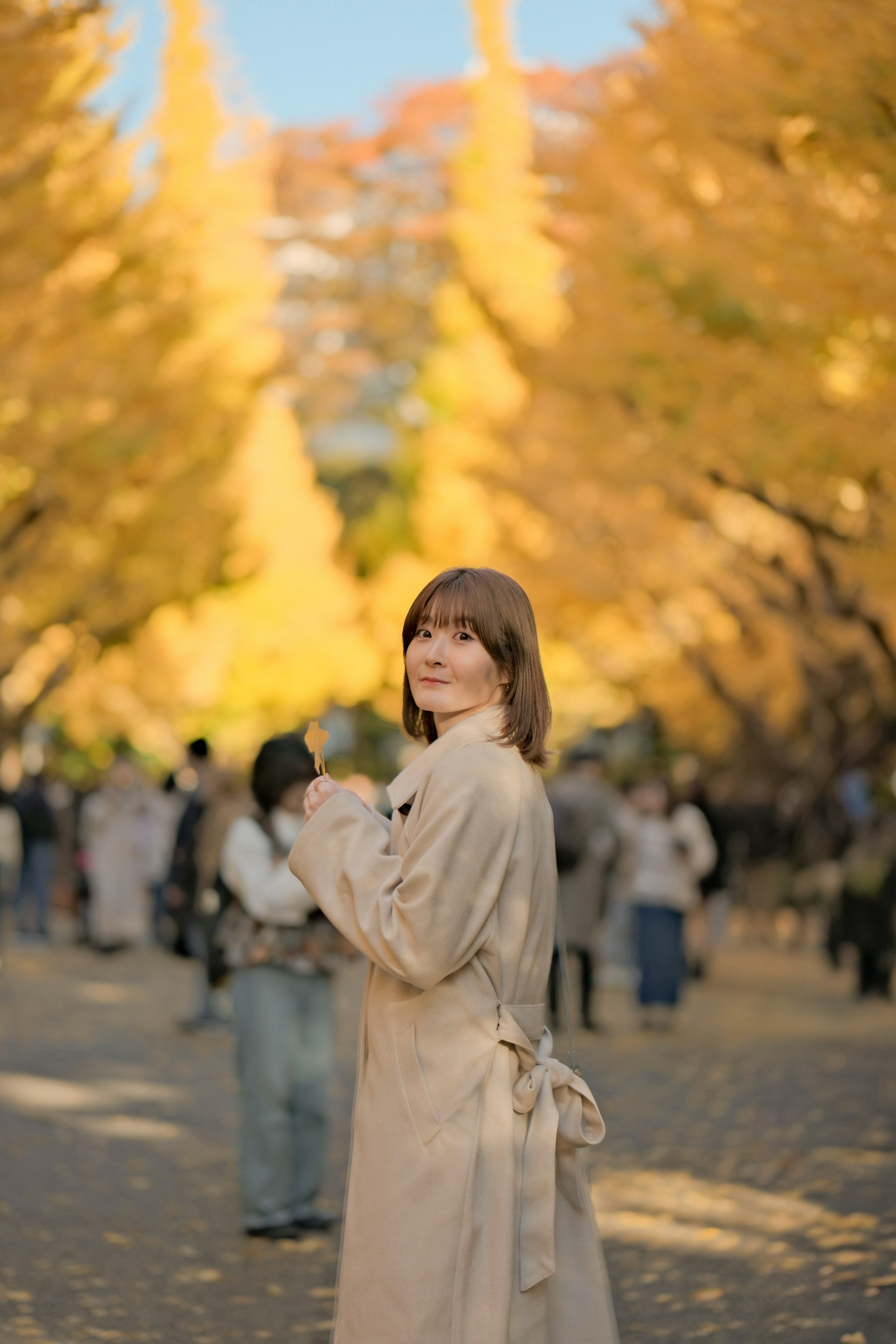 秋の風景の中で微笑む女性がいる公園の道