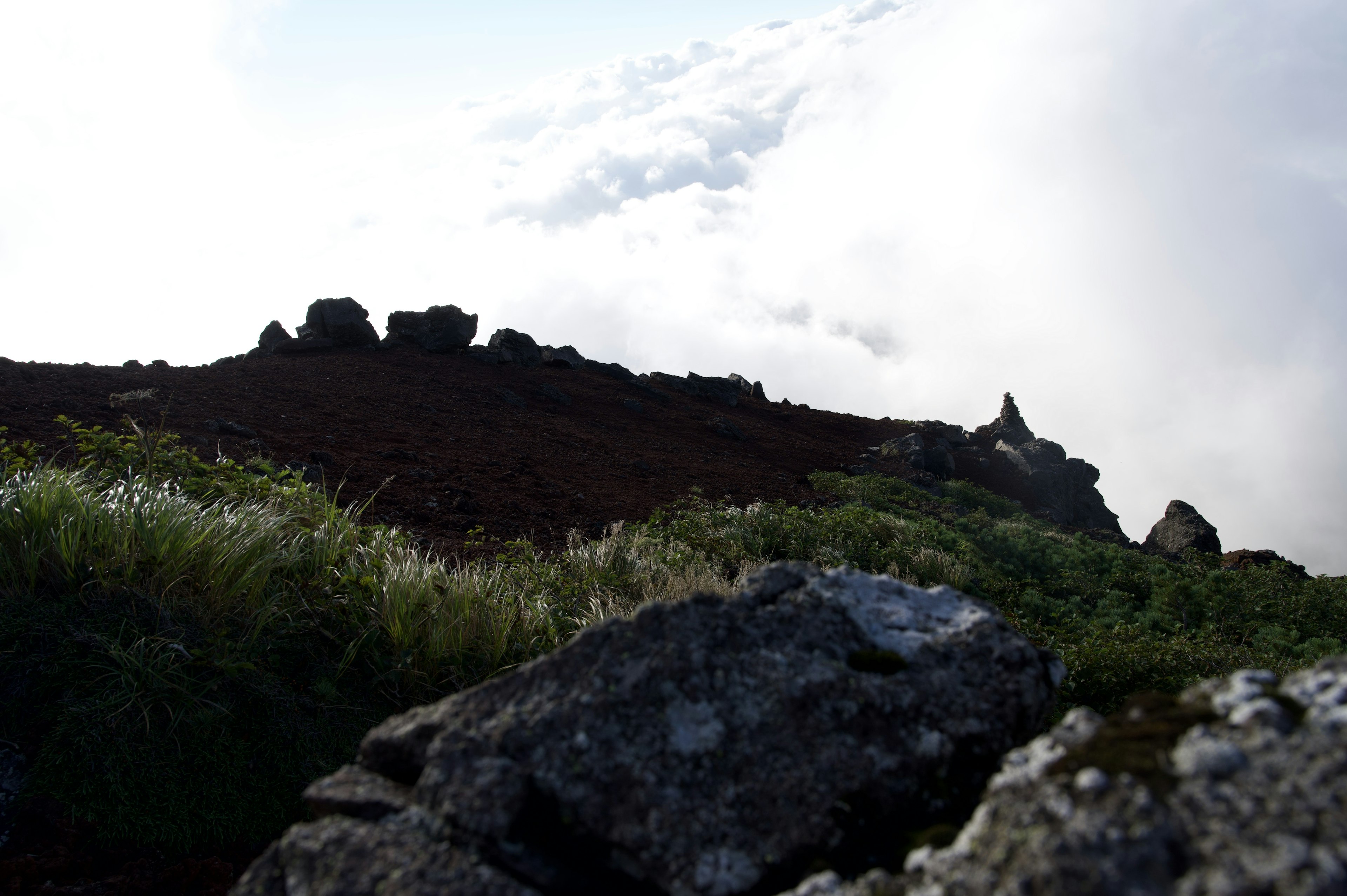 Mountain landscape with grass and clouds in the background