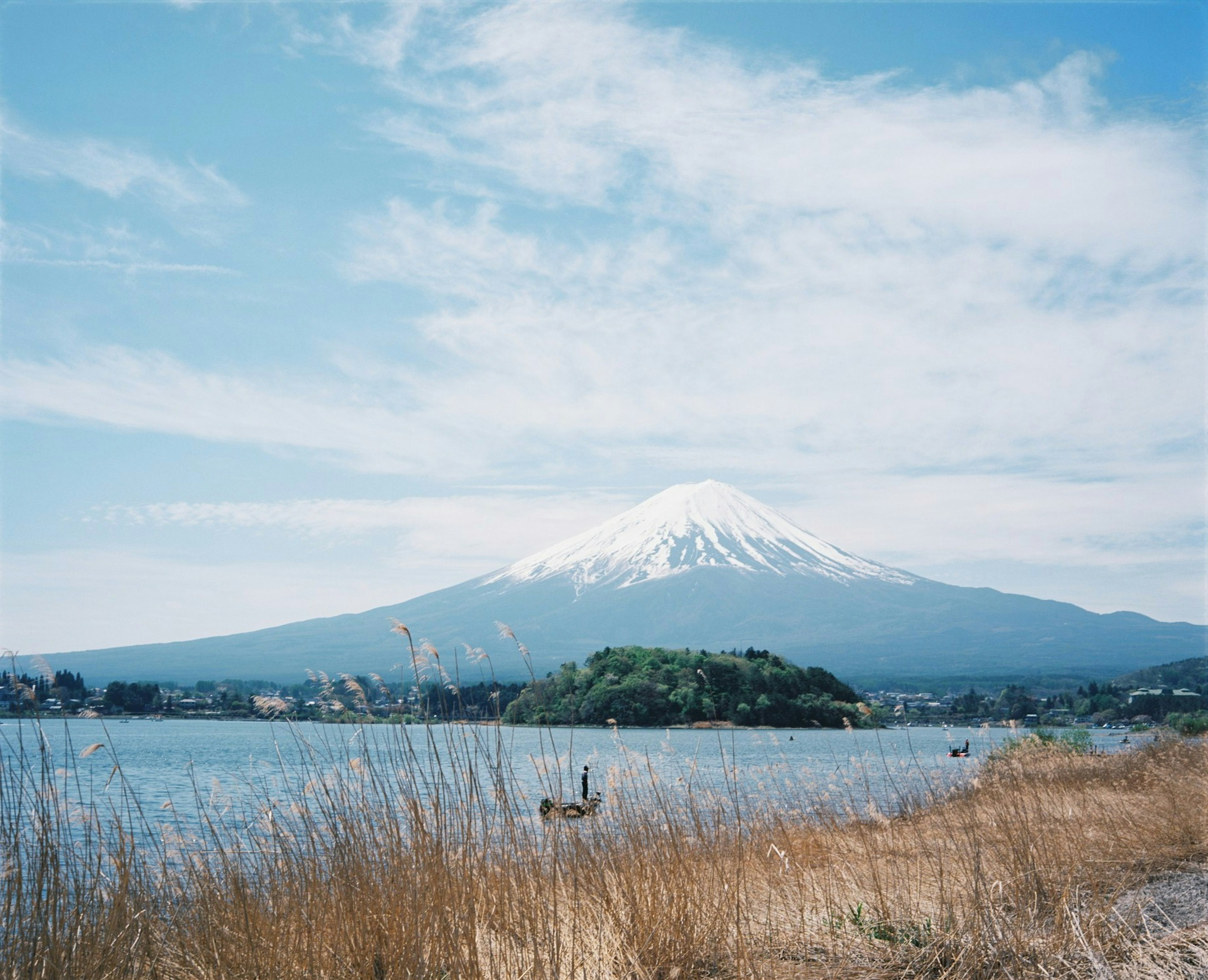 Malerei des Fuji mit einem See und umliegenden Wiesen