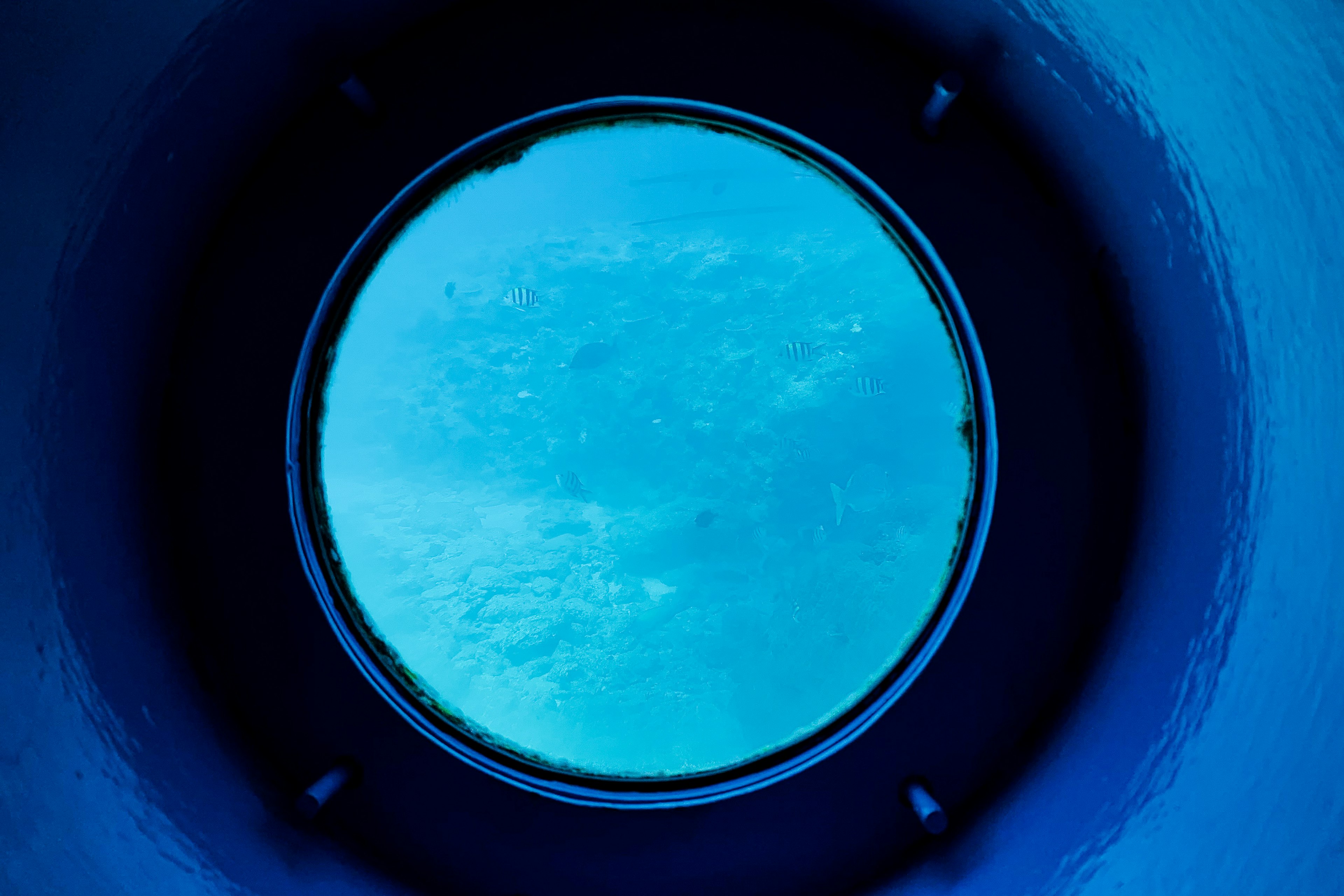 Round window showing blue ocean view