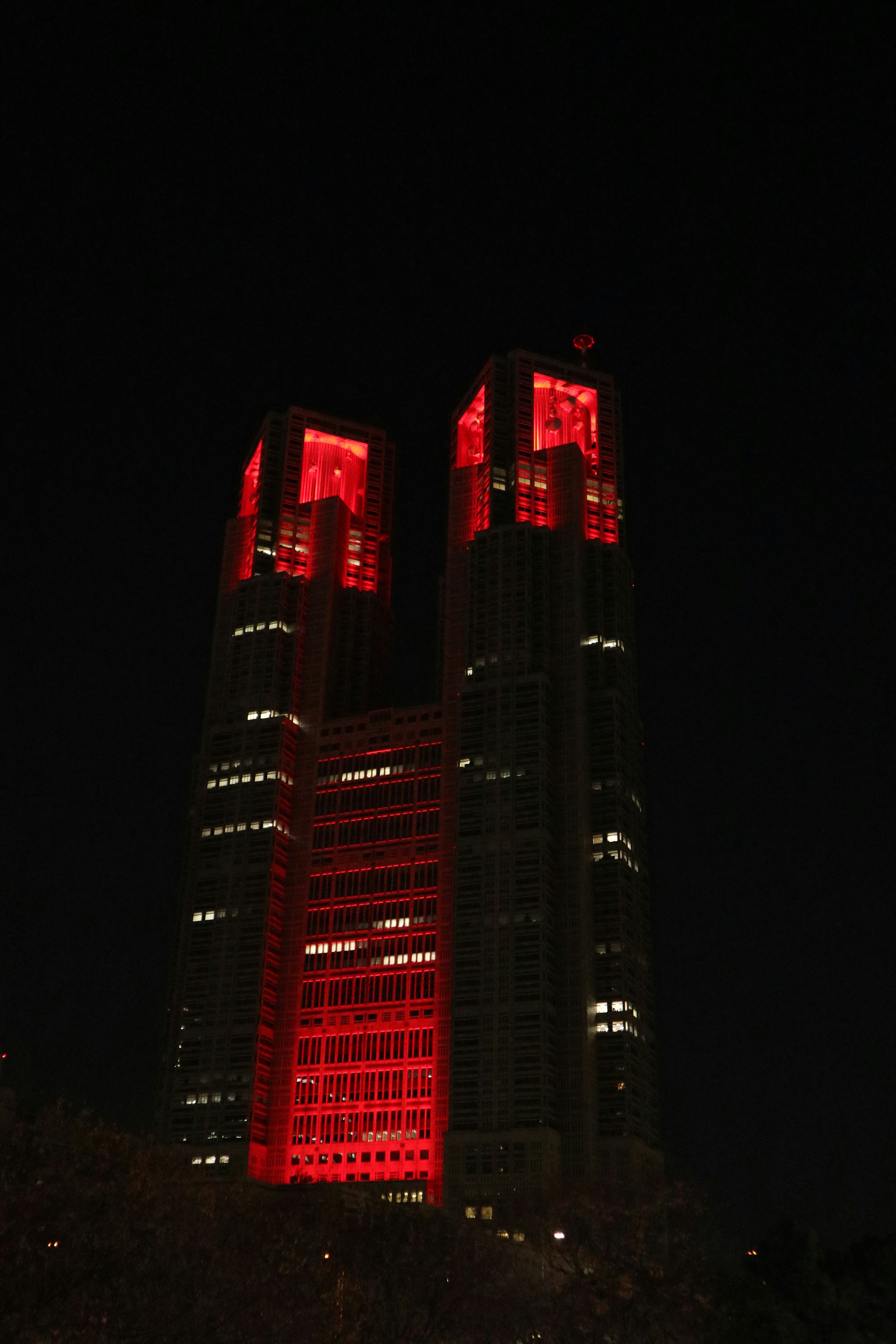 夜に赤く照らされた東京都庁舎の双子のタワー