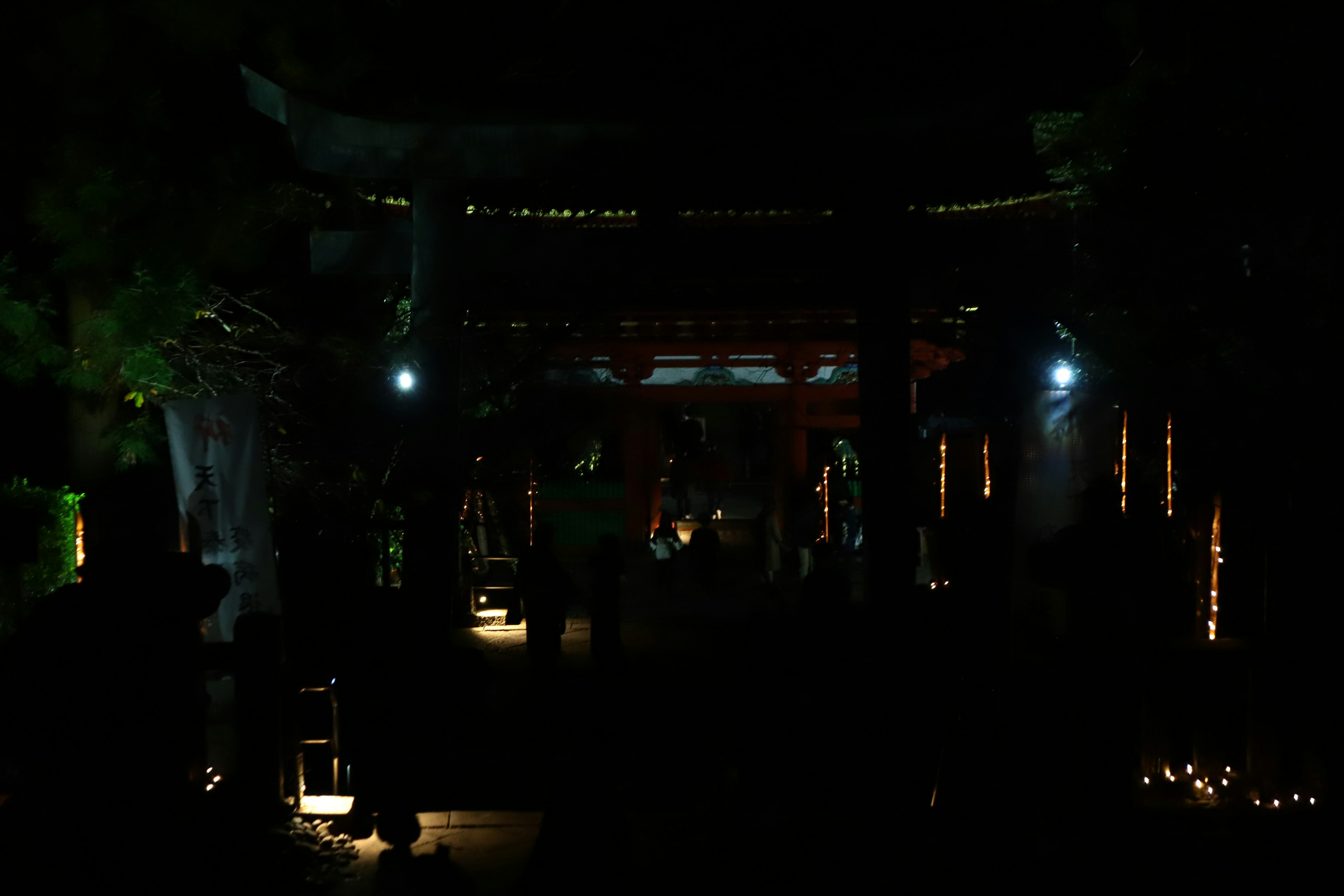 A shrine gate illuminated at night with soft lighting and surrounding darkness