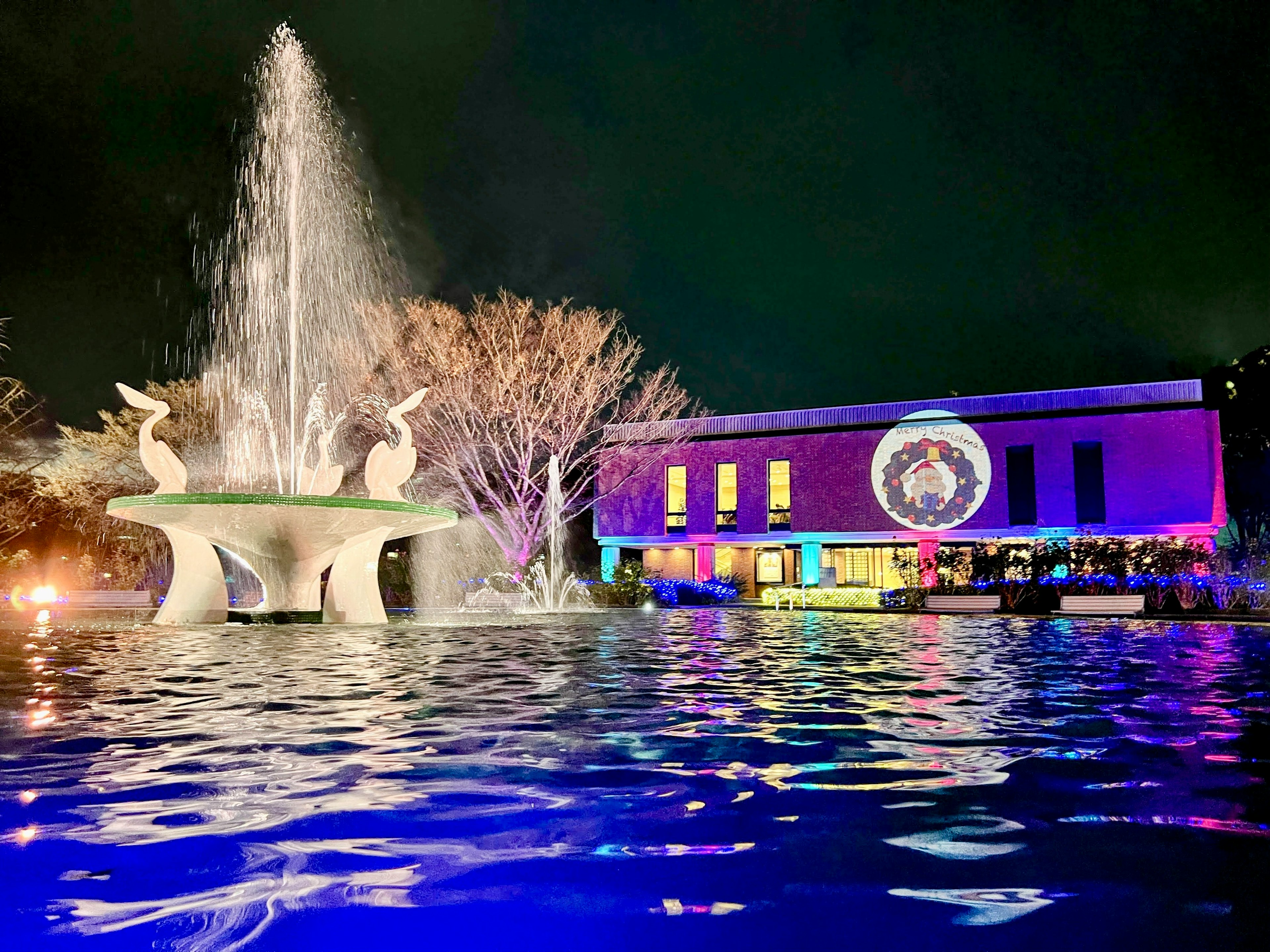 Belle vue d'une fontaine et d'un bâtiment éclairé la nuit