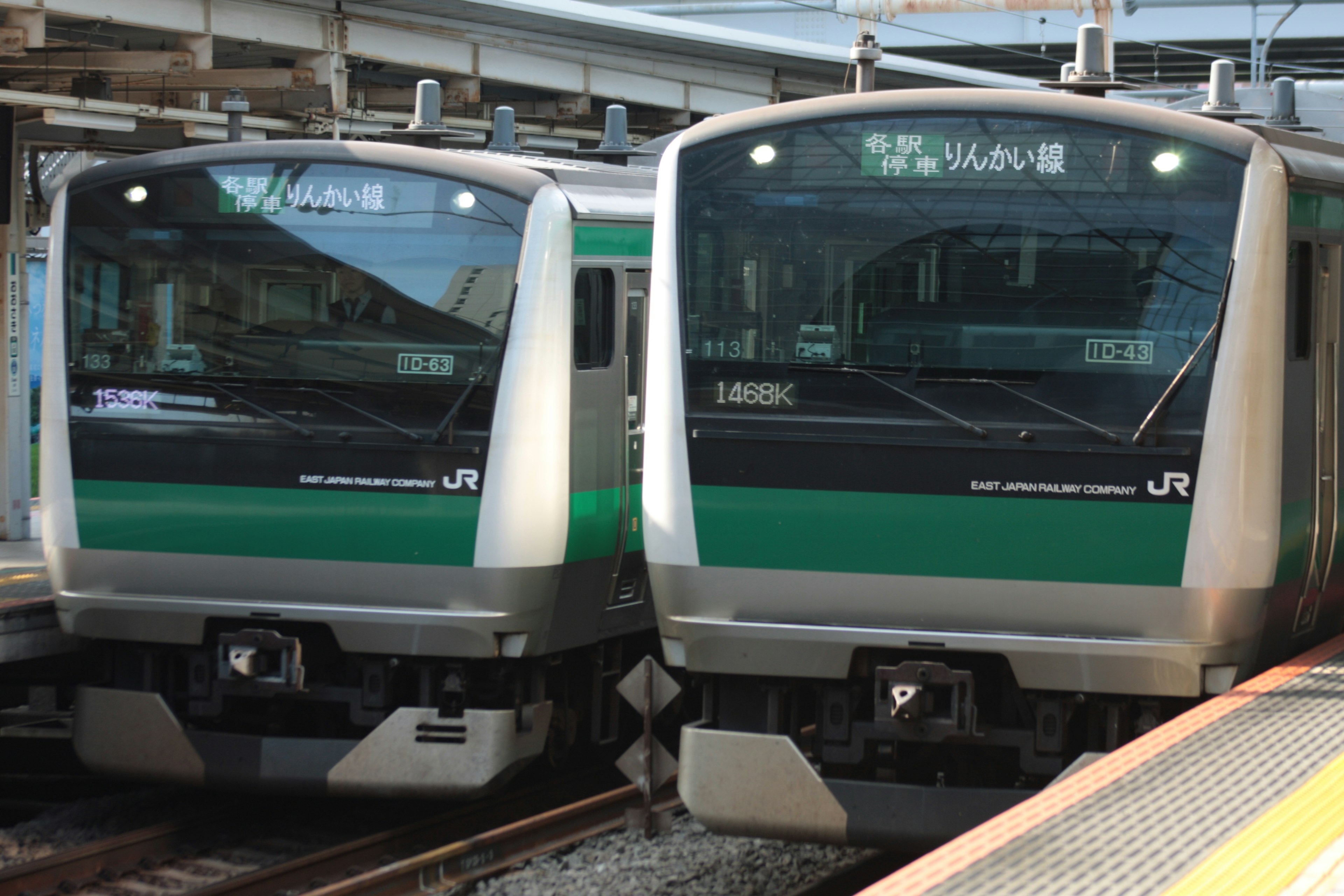 Two JR trains parked side by side at a station featuring green and silver carriages