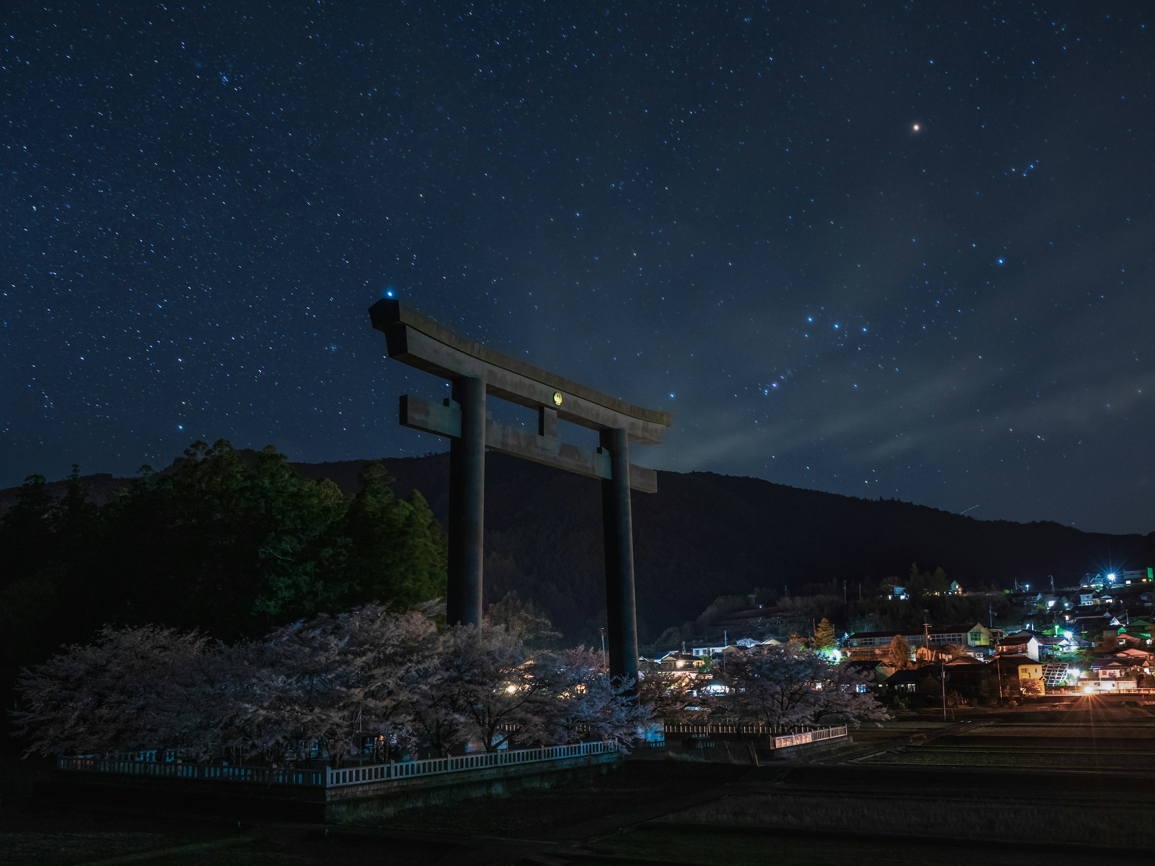 Torii gate under a starry night sky with cherry blossoms