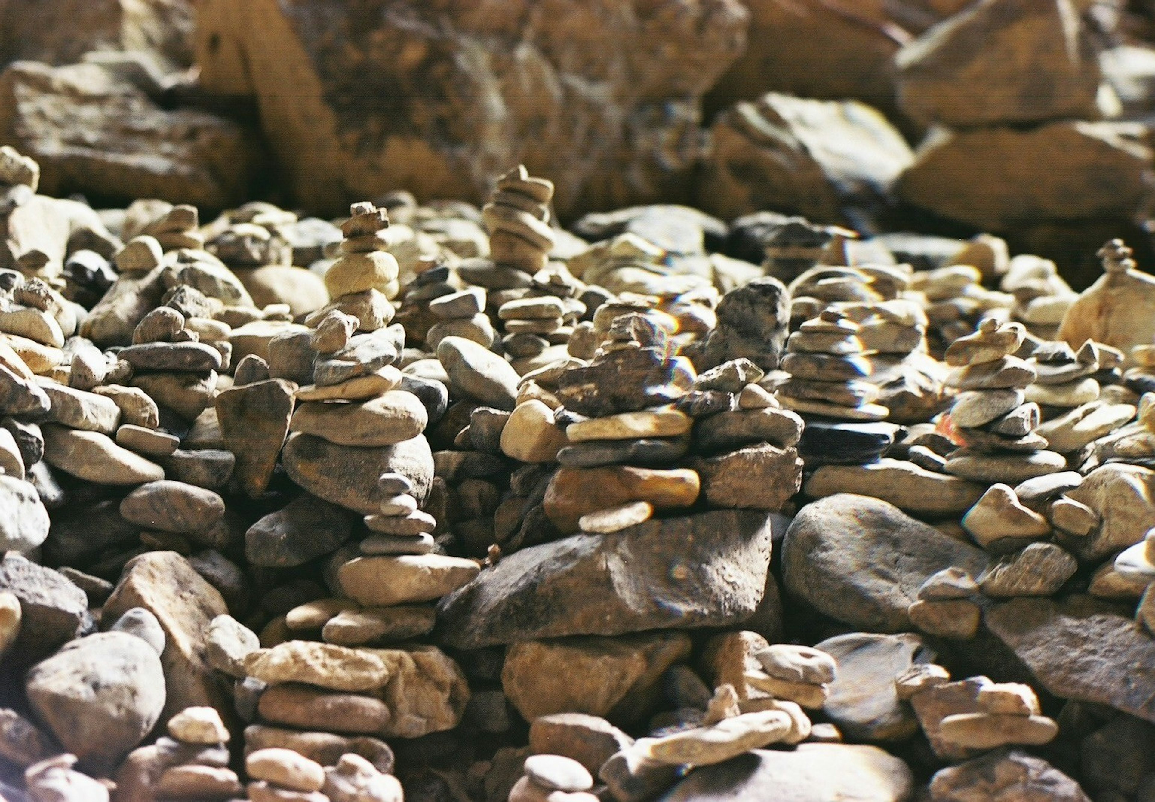 A landscape of many stacked stones