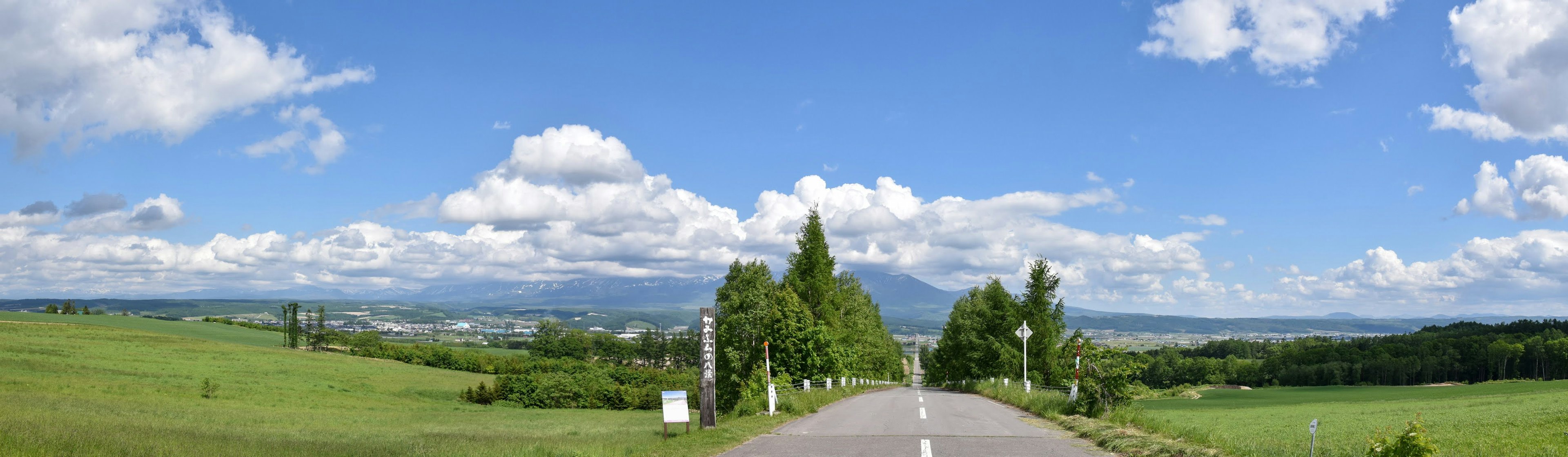 Une vue pittoresque de champs verts sous un ciel bleu avec des nuages blancs et une route sinueuse