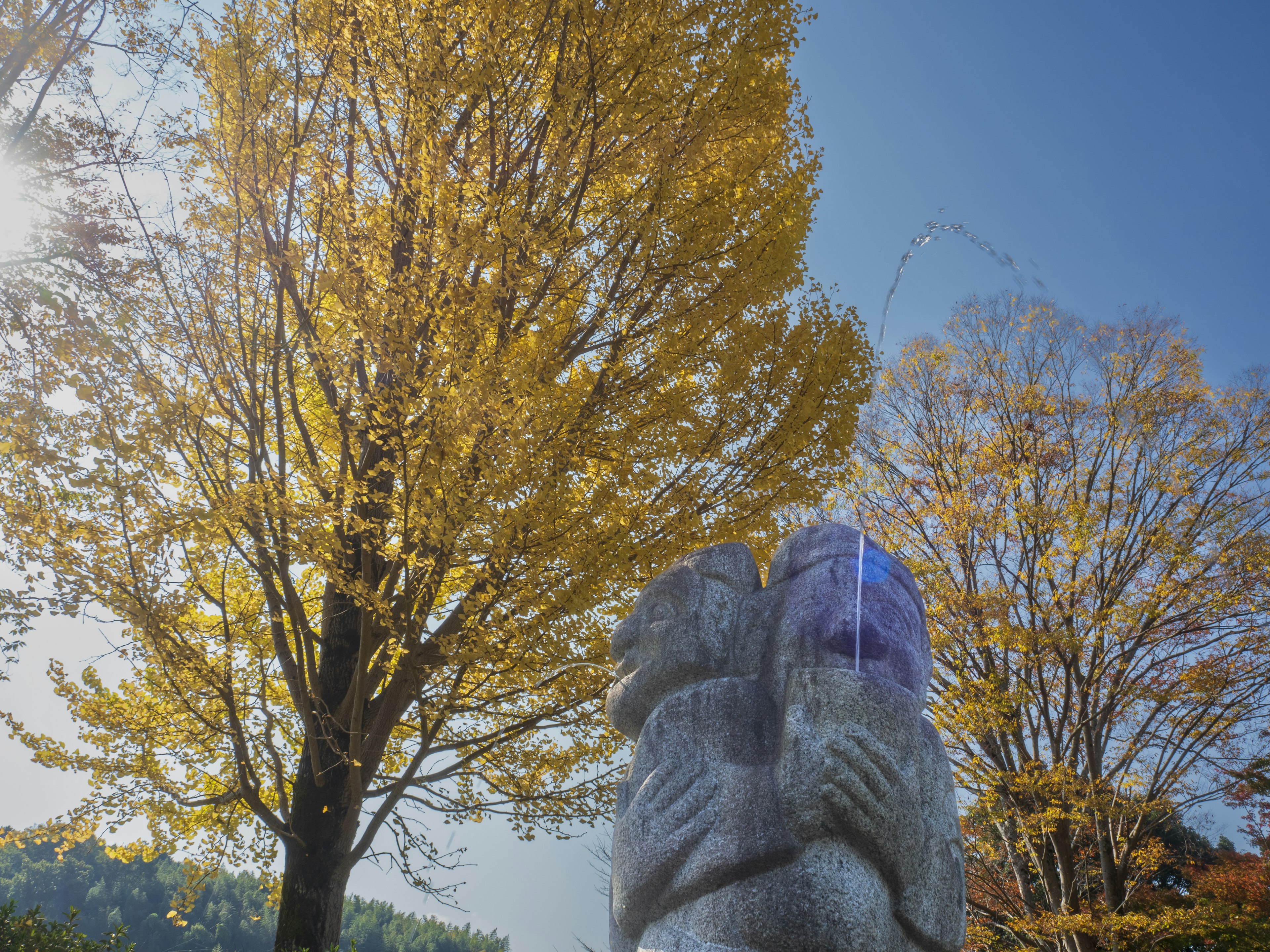 秋の木々の間に立つ抱擁する彫刻