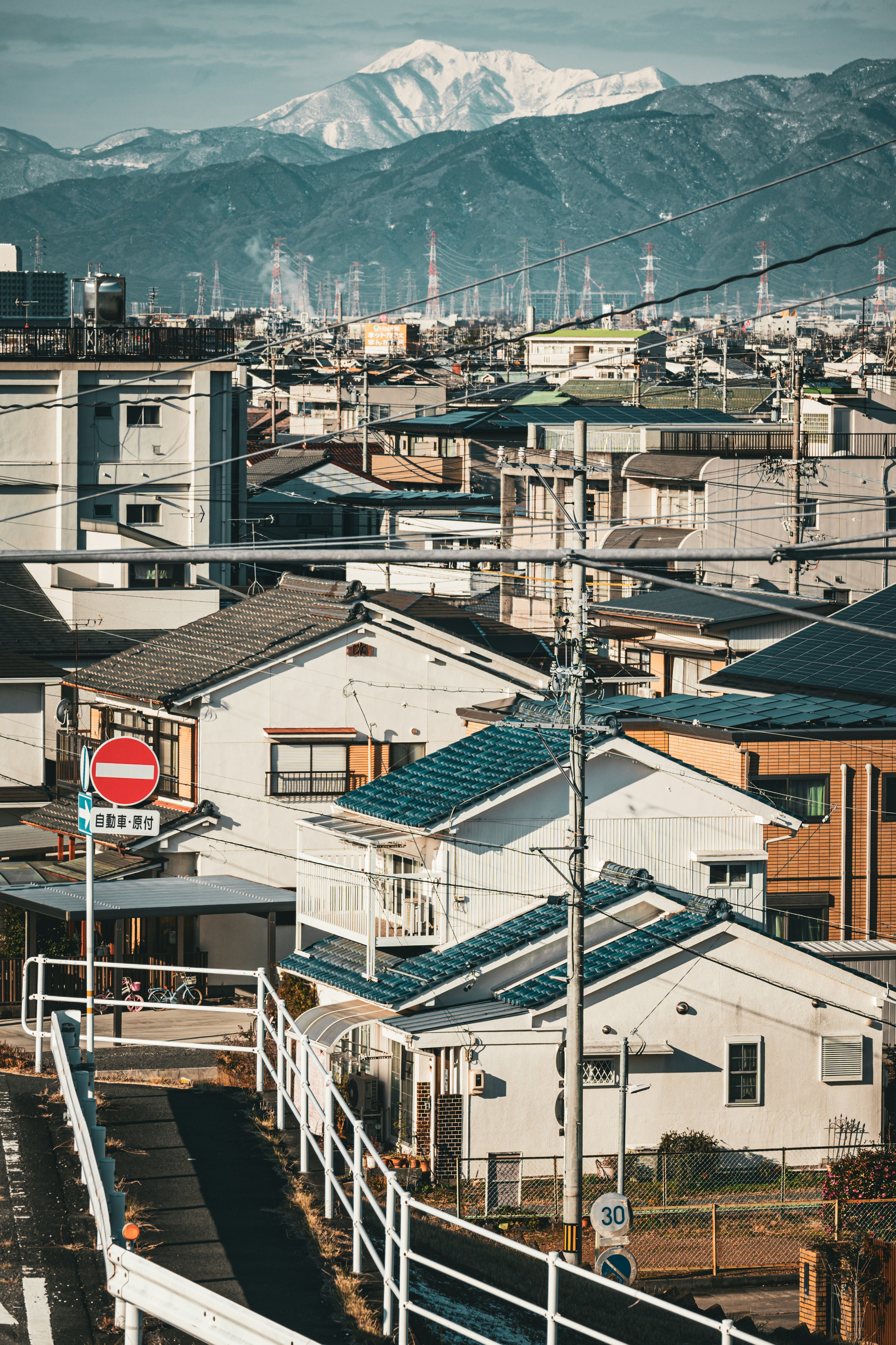 雪をかぶった山を背景にした住宅街の風景