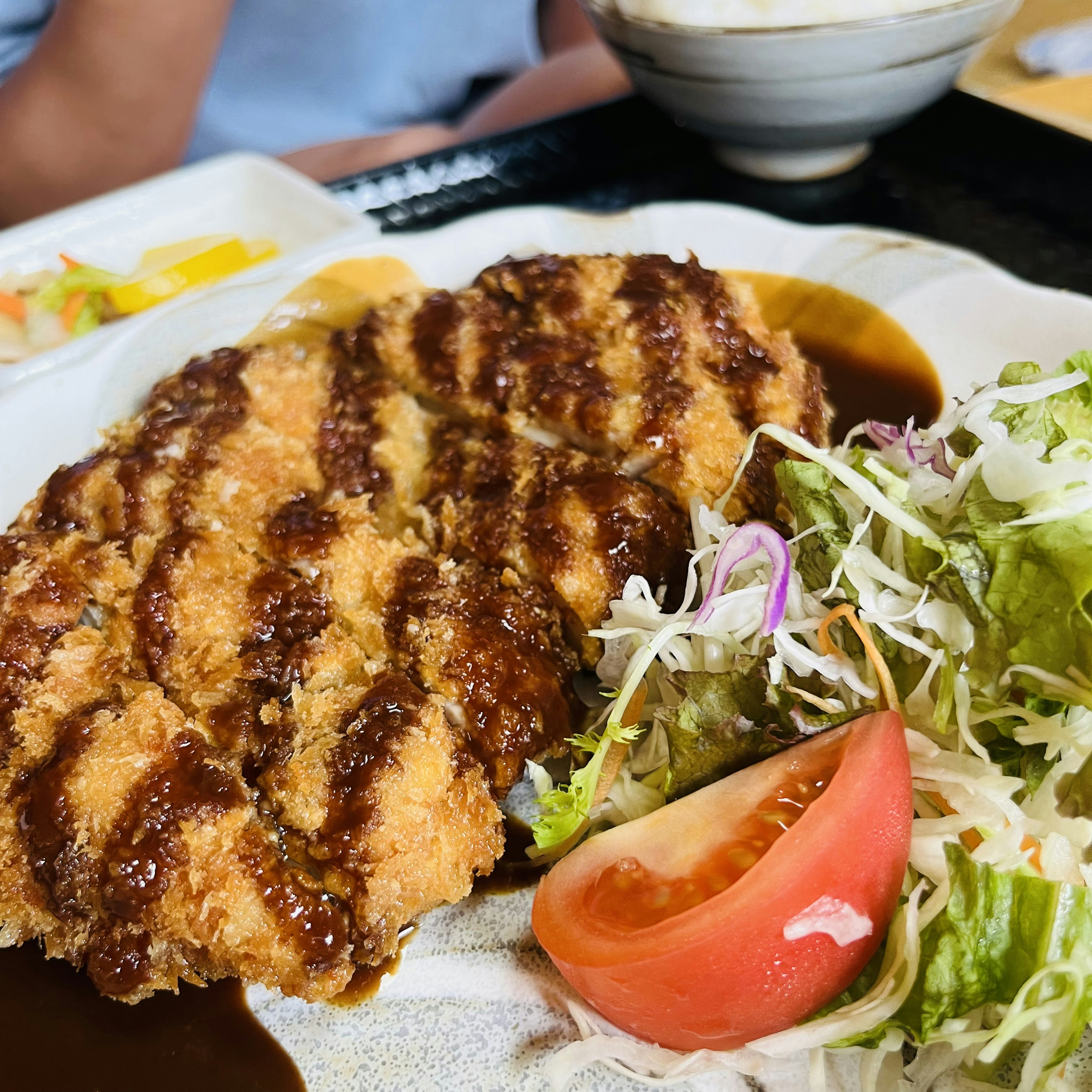 サクサクのトンカツと新鮮なサラダのプレート