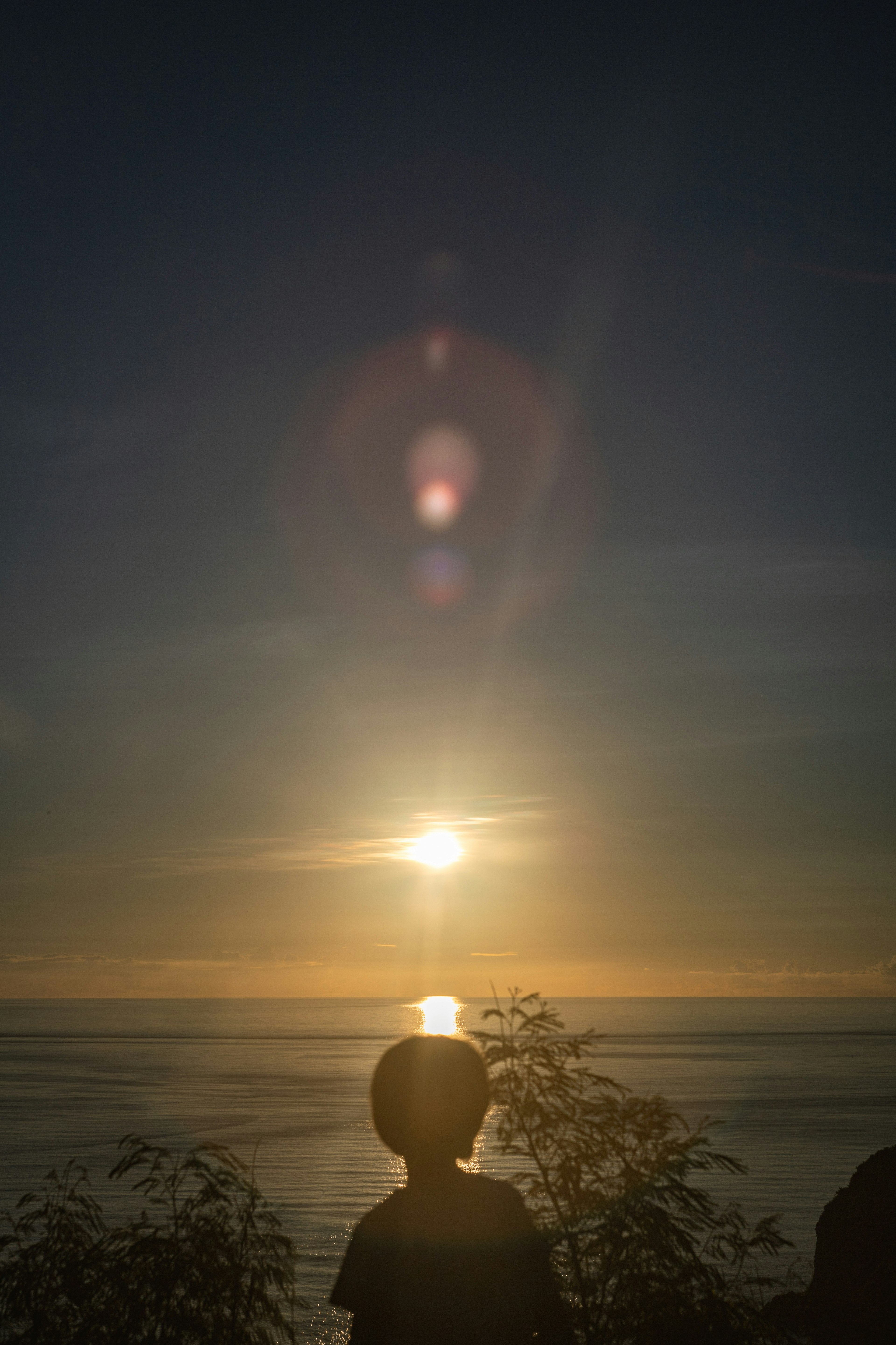 夕日を見つめる子供のシルエット海の水平線に沈む太陽